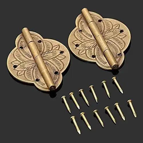 Two Pack Brass Wooden Jewelry Box Cabinet Door Embossed Decorative Hinge For Vintage Retro Furniture Hardware Durable Mounting Hinge For Closet Cupboard Shoe Cabinet And More Easy Installation - Image 4