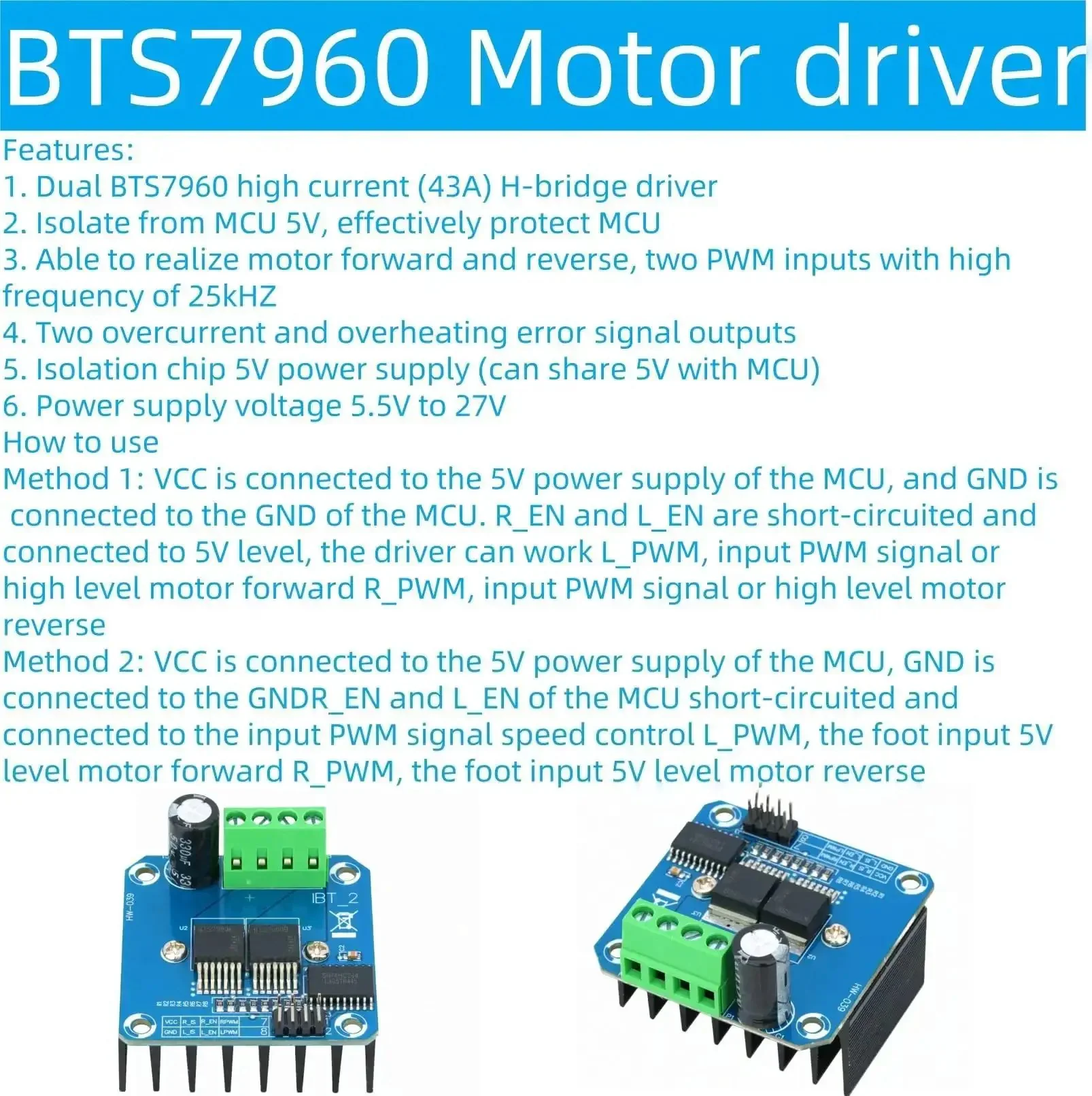 Two Pack BTS7960 43A Beefy High Power H-Bridge Motor Driver Module For Arduino Projects With PWM And Level Control Dual Channel 6V-27V Input 3.3V-5V Logic Compatible - Image 7