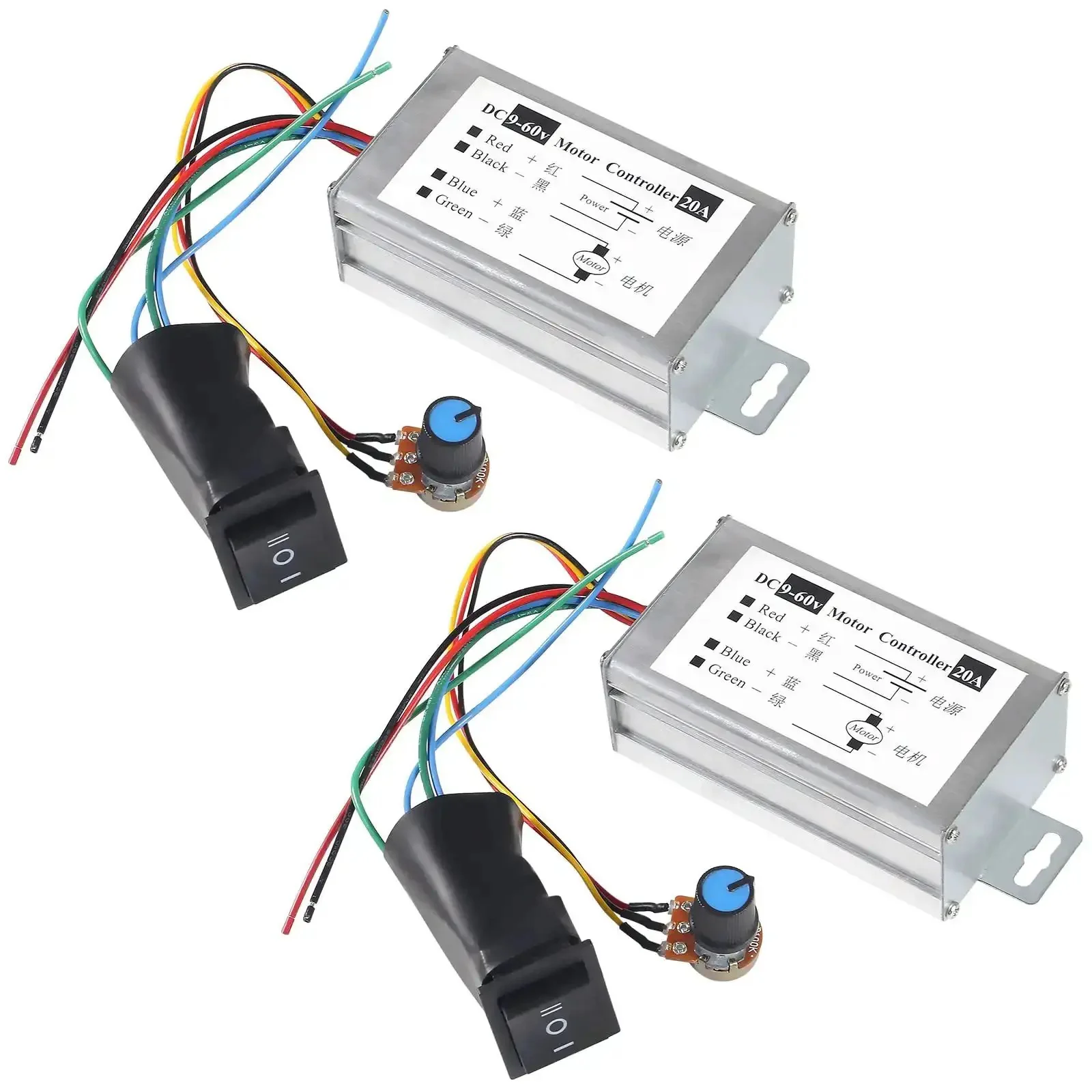 Two Pack DC Motor Speed Controller For Brush Motors, PWM Regulator With Dimmer, Switch And Knob, 9V To 60V Input, 0 To 20A Output, Up To 1200W, Works With 12V 24V 36V 48V And 60V DC Motors, Easy Dim And Speed Control