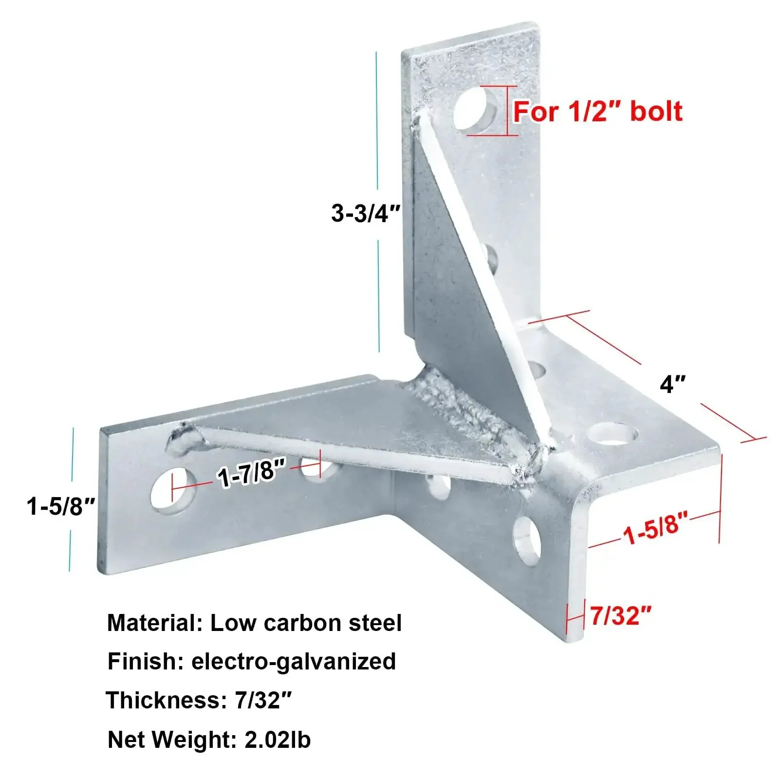 Two Pack Double Corner Connector For One And Five Eighths Inch Strut Channel Wing Shaped Fitting Brackets Heavy Duty Electro Galvanized Low Carbon Steel 3.75 By 1.625 By 4 Inches With One Half Inch Bolt Holes And One And Seven Eighths Inch Center Spacing - Image 4