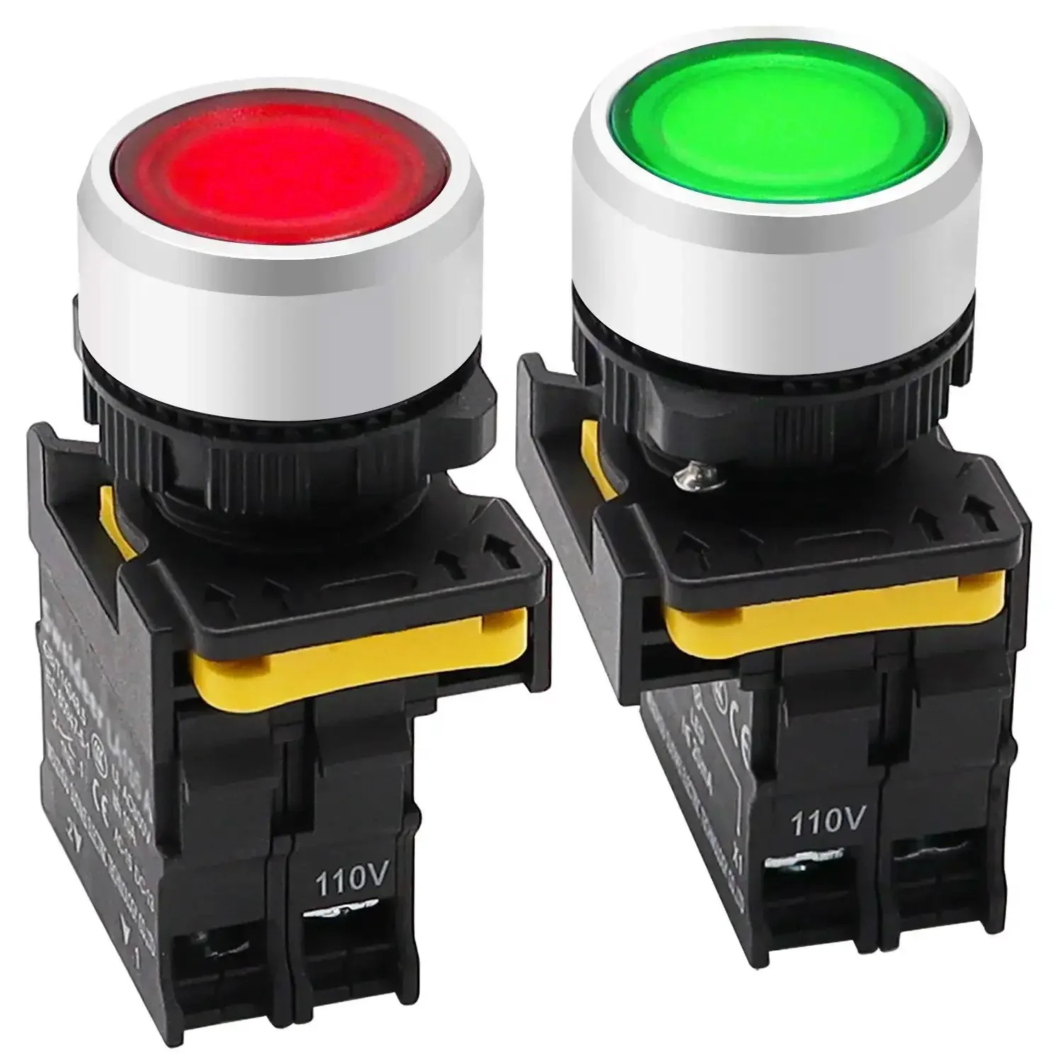 Two Pack Dual Color Red Green LED Push Button Switch 110 To 220 Volt Waterproof IP65 22mm Panel Mount 1NO 1NC SPST Momentary 10 Amp 600 Volt Great For Control Panels And DIY Projects