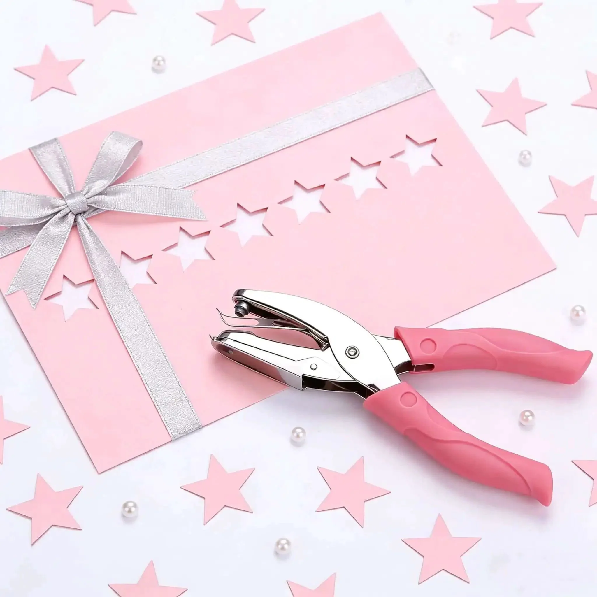 Two Pack Handheld Heart And Star Shape Hole Punches With Ergonomic Soft Grip, 5mm Star And 5.5mm Heart Puncher For Paper Crafts, Scrapbooking, Tags, Tickets, DIY Projects, Pink And Green - Image 3