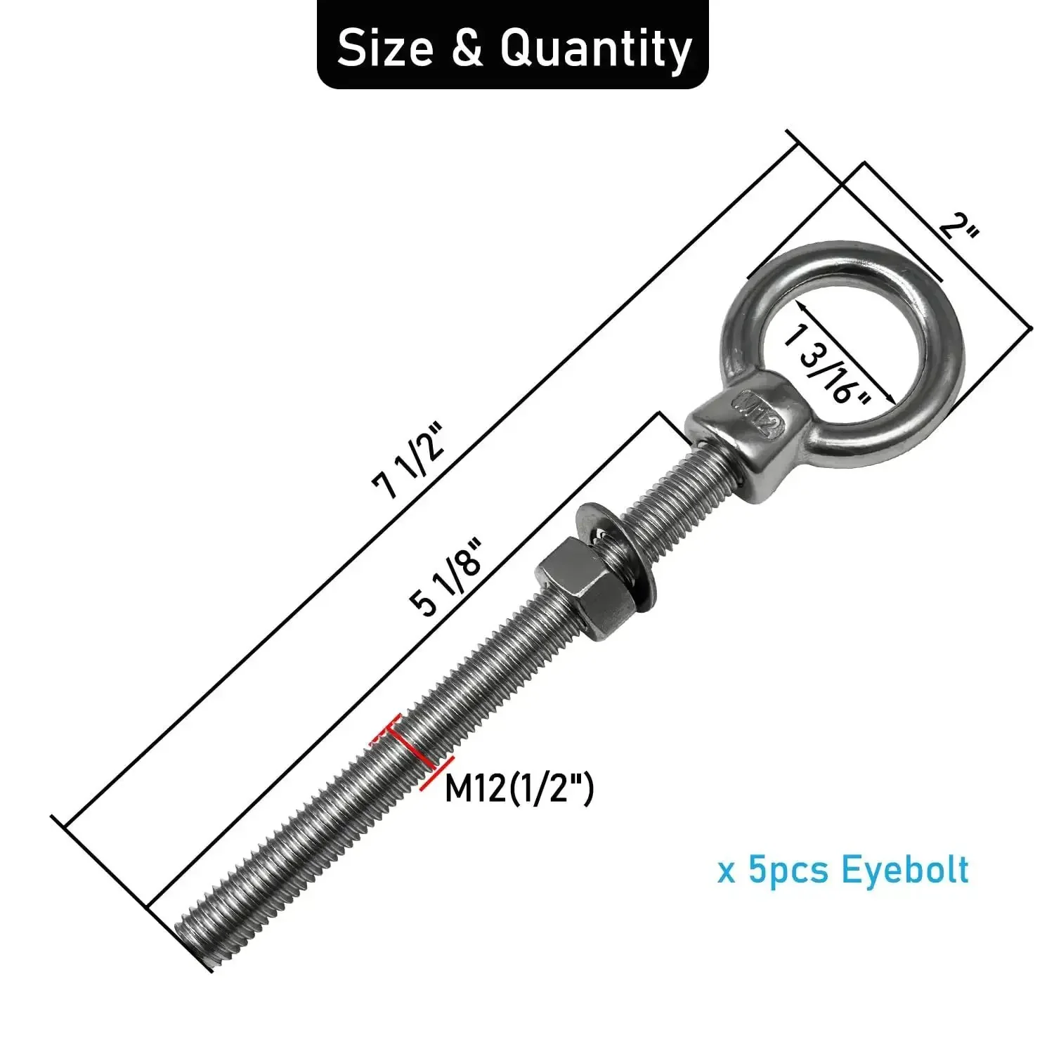 Two Pack Heavy Duty Eyebolts One Half Inch By Five And One Eighth Inch With Nuts And Washers 316 Stainless Marine Grade Threaded Lifting Eye Bolts For Tough Loads And Secure Hoisting Rigging - Image 6