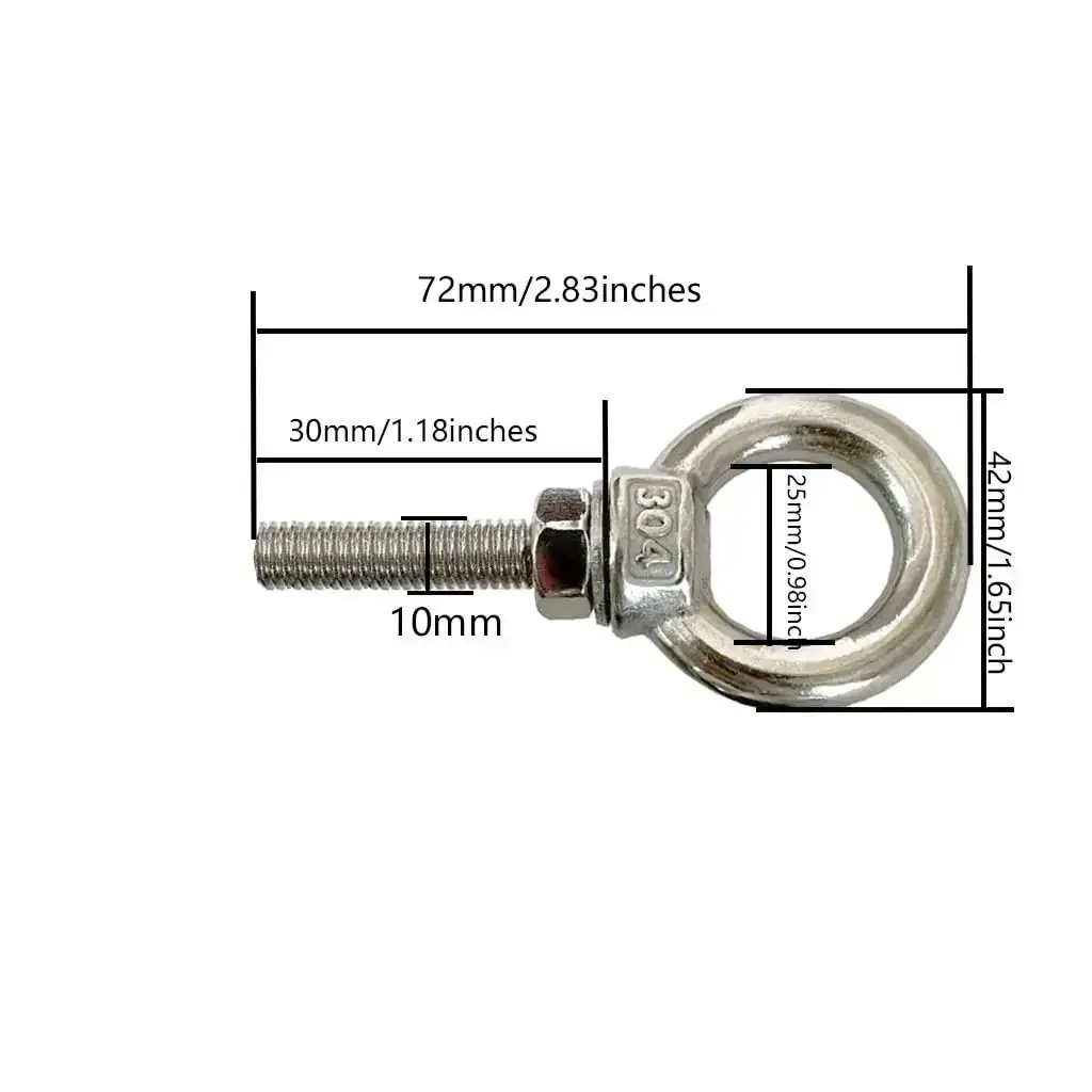 Two Pack Heavy Duty M10 Stainless Shoulder Eye Bolt Set With Nuts And Flat Washers 72mm Total Length 30mm Thread Corrosion Resistant 304 Stainless Steel Lifting Ring Eyebolts For Industrial Rigging - Image 4