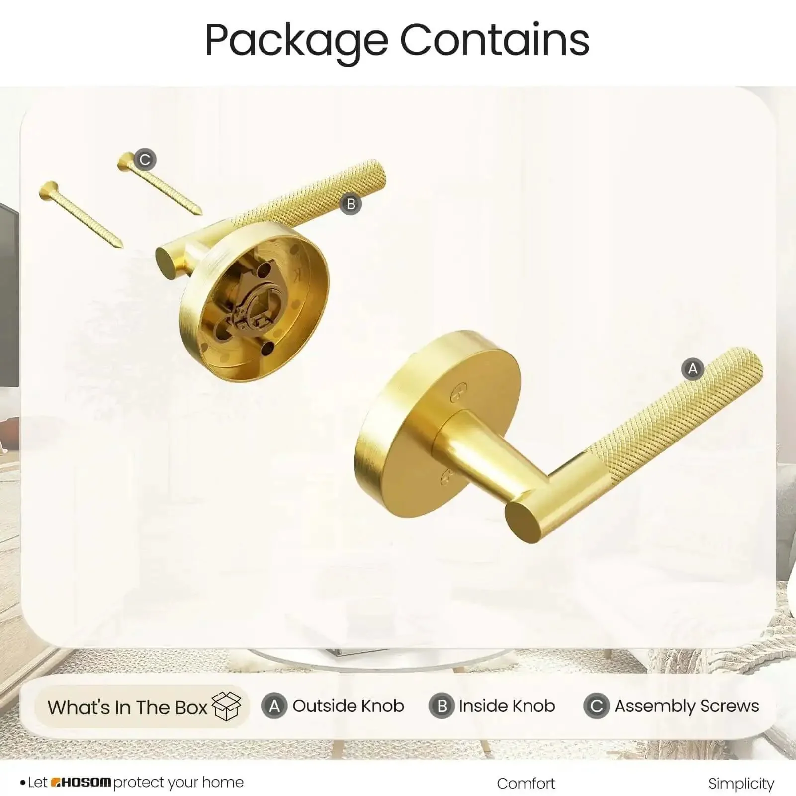 Two Pack Knurled Brushed Gold Dummy Door Handles For Interior Doors, Anti Slip Pull On Levers, Heavy Duty Reversible Hardware For Closet And Hallway, No Fuss Easy Install Kit With Screws And Wrench, Satin Brass Finish - Image 3