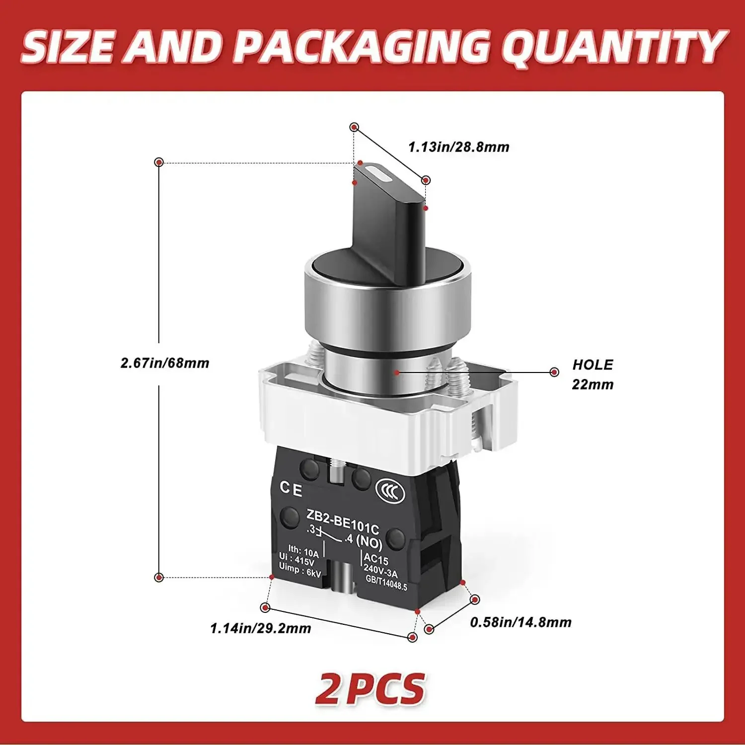 Two Pack Latching Rotary Selector Switch 2 Positions Maintained 1NO SPST 600V 10A For Industrial Control Panels Built Tough With Metal And Plastic Construction, Easy Install, Reusable Switches - Image 4