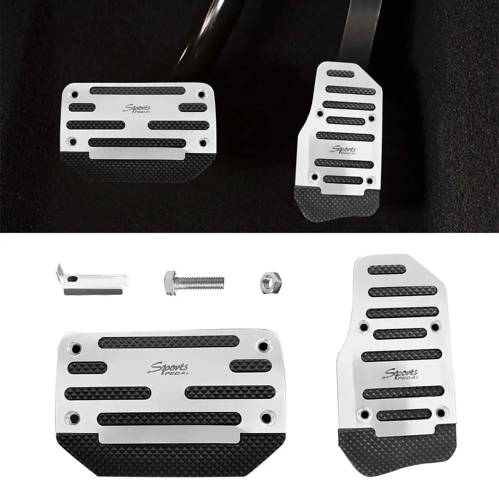 Two Pack Non Slip Car Pedal Pads For Automatic Transmission, Gas And Brake Pedal Covers With Aluminum Alloy Clutch Pedal Kit, Universal Replacement For Cars, SUVs, And ATVs, Silver Finish