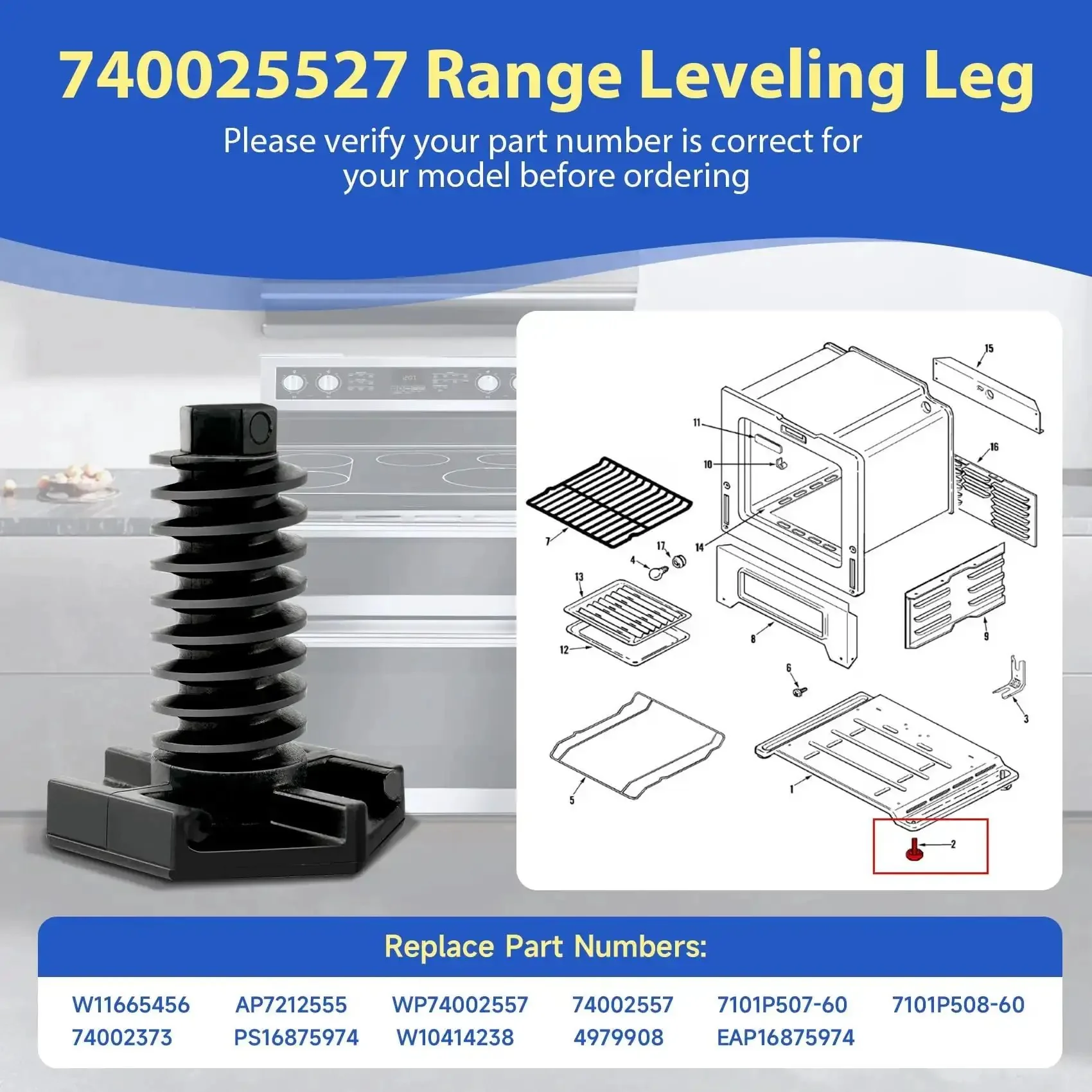 Two Pack Oven Range Leveling Leg Set For Ranges And Ovens Durable Aluminum Feet Heavy Duty Replaces 740025527 74002557 7101P50860 Compatible With Whirlpool Maytag Magic Chef KitchenAid Crosley Stoves - Image 6