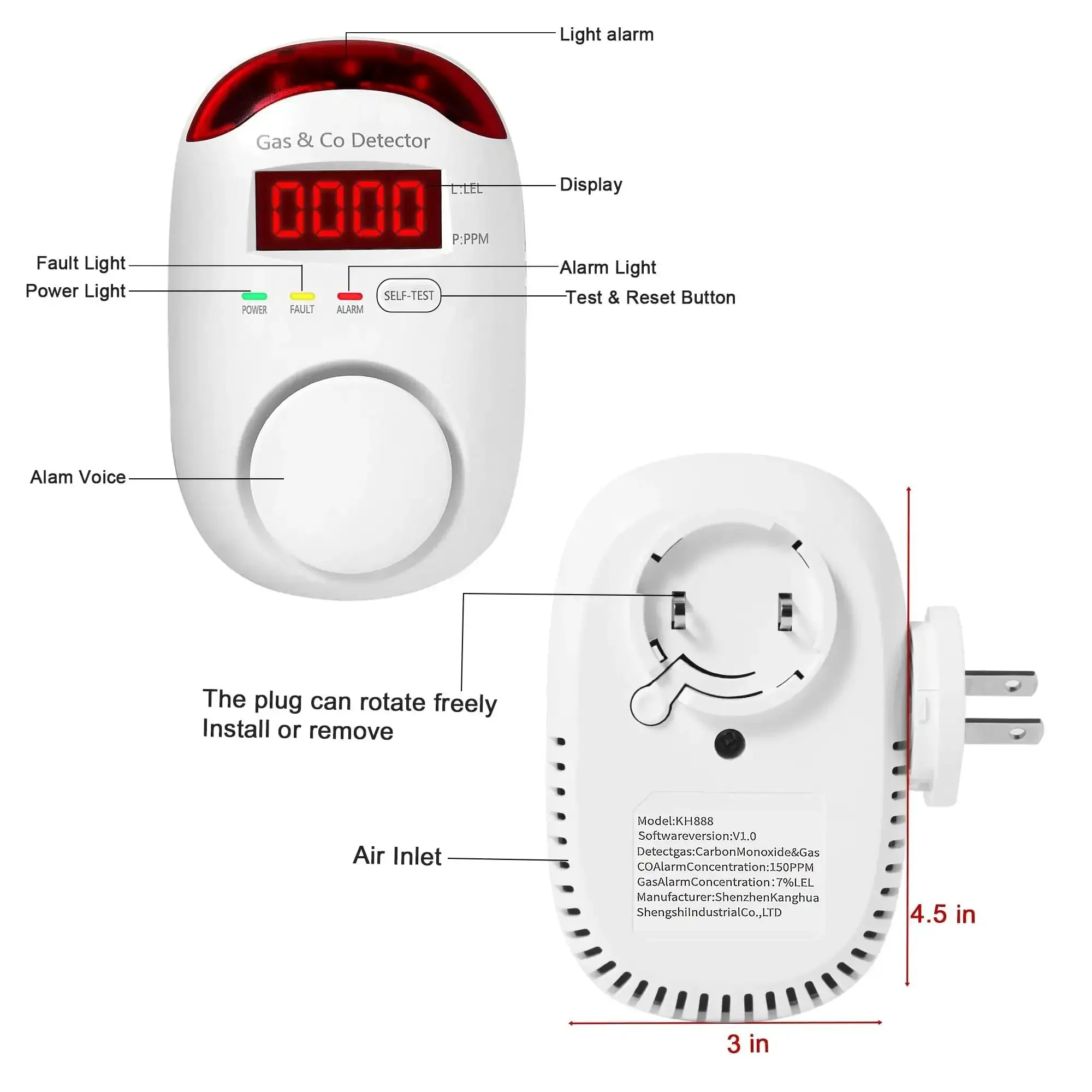 Two Pack Plug In Gas And Carbon Monoxide Detectors With LCD Display Propane And Natural Gas Sensor CO Monitor Alarm And Explosive Gas Alert For Home And RV Easy Install 2 In 1 High Sensitivity Sensor - Image 6