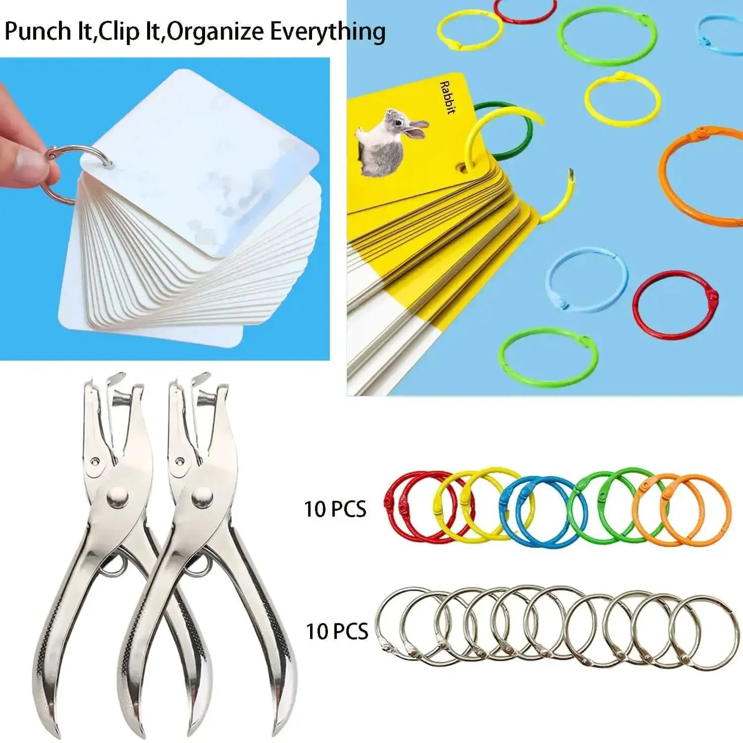 Two Pack Quarter Inch Hole Punch Set With Twenty Binder Rings Ten Silver And Ten Colorful For DIY Crafts And Legit Organization One Hole Paper Punch For Flash Cards Gift Tags Tickets Home Office Or School Projects Heavy Duty Steel Six Sheet Capacity - Image 3