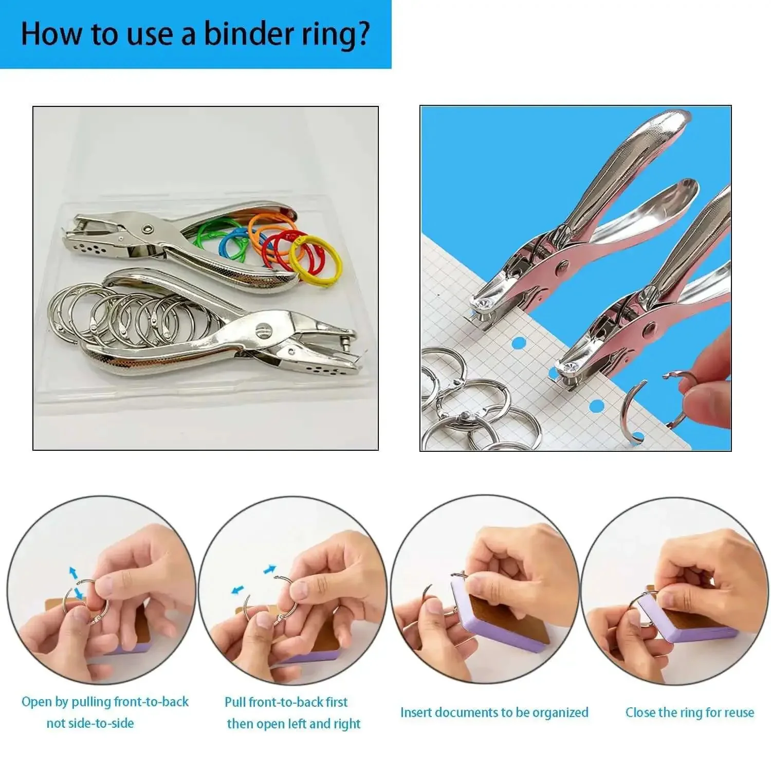 Two Pack Quarter Inch Hole Punch Set With Twenty Binder Rings Ten Silver And Ten Colorful For DIY Crafts And Legit Organization One Hole Paper Punch For Flash Cards Gift Tags Tickets Home Office Or School Projects Heavy Duty Steel Six Sheet Capacity - Image 4