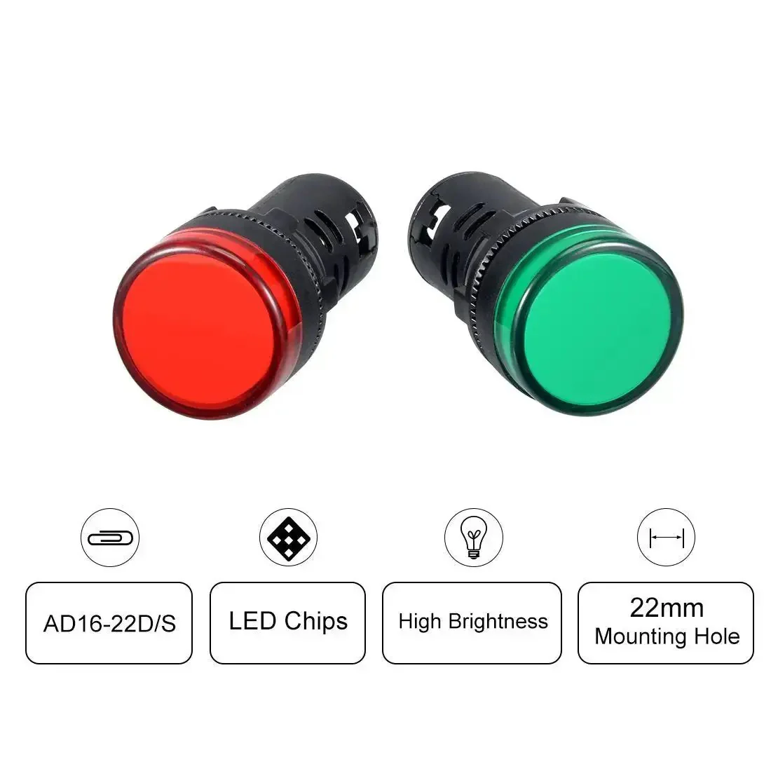 Two Pack Red And Green LED Indicator Lights AC/DC 110V 22mm Panel Mount For Electrical Control Panels HVAC And DIY Projects Low Profile Behind Panel Screw Clamp Connection For Solid Reliable Signals - Image 2