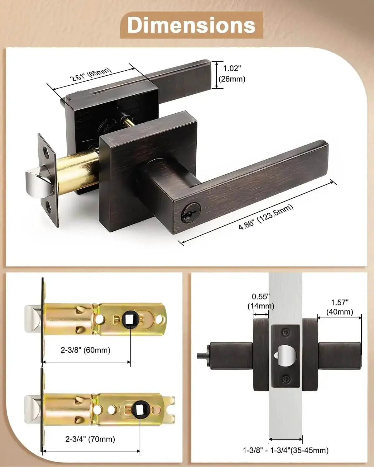 Two Pack Square Keyed Alike Entry Door Levers In Oil Rubbed Bronze, Heavy Duty Zinc Alloy Hardware For Exterior And Interior Doors, Right Or Left Handed, Anti Sawing Security Bolt, Durable Door Lockset - Image 2
