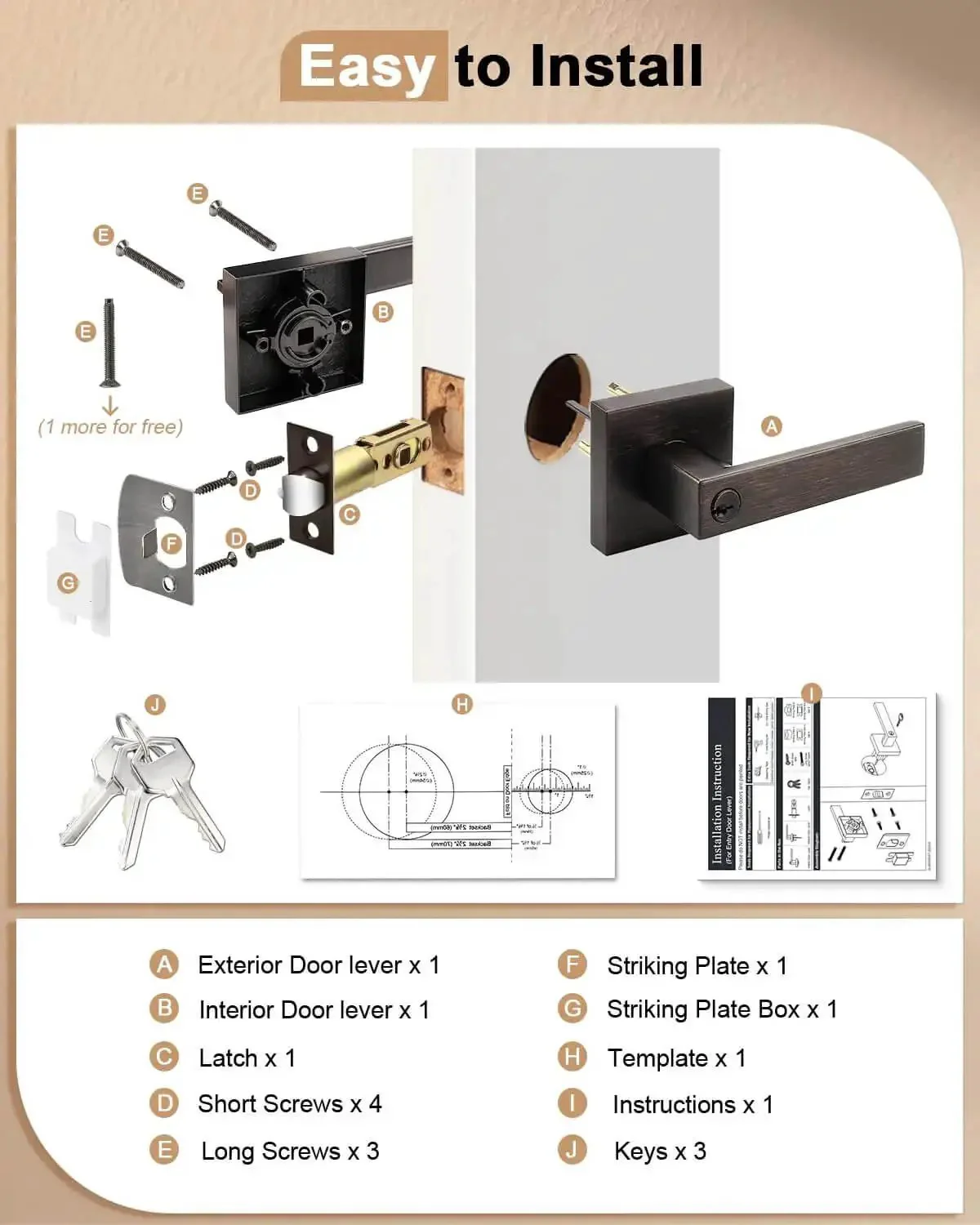 Two Pack Square Keyed Alike Entry Door Levers In Oil Rubbed Bronze, Heavy Duty Zinc Alloy Hardware For Exterior And Interior Doors, Right Or Left Handed, Anti Sawing Security Bolt, Durable Door Lockset - Image 3