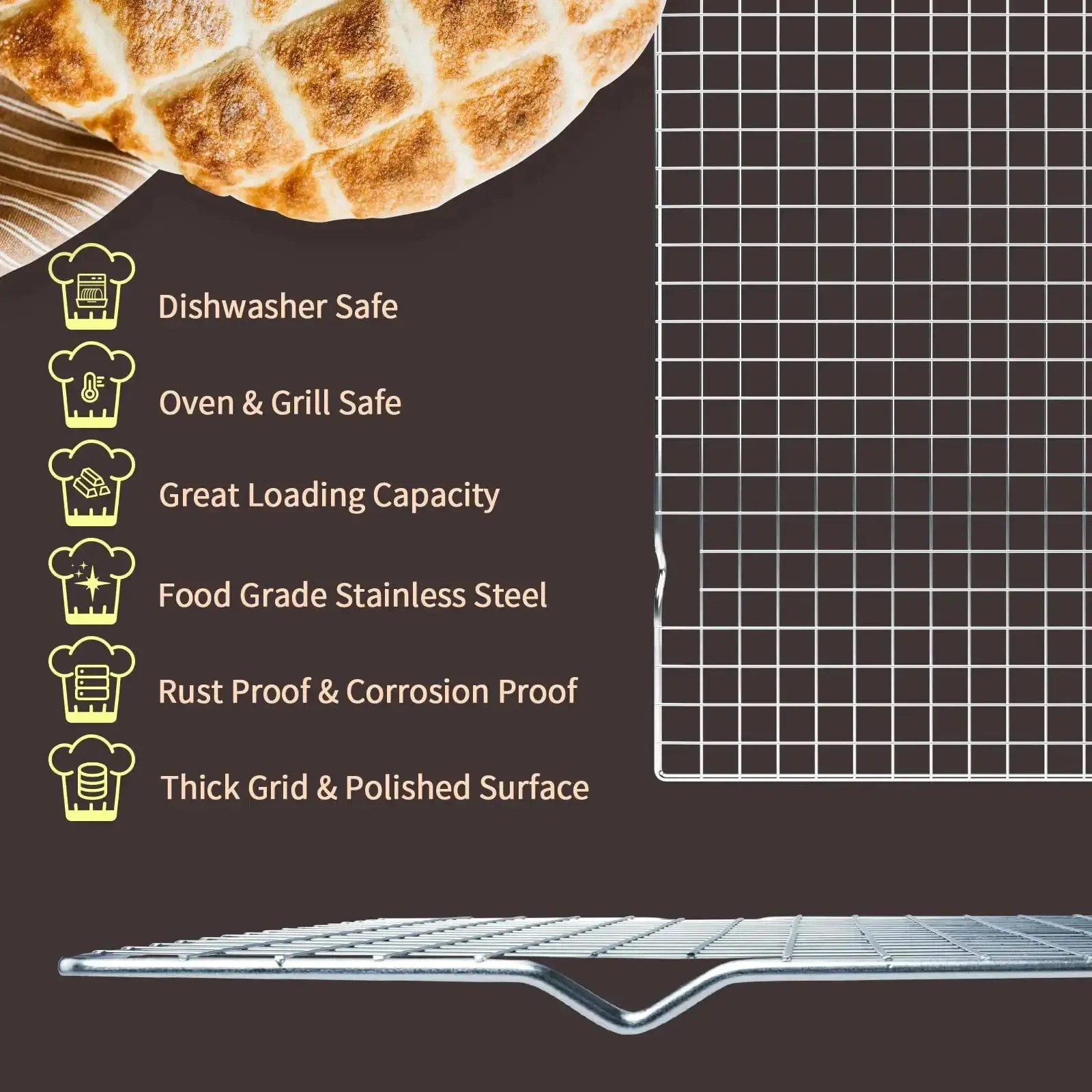 Two Pack Stainless Steel Cooling Rack For Baking 16x10 Inches, Oven Safe Thick Wire Cookie Rack For Roasting Grilling Drying, Fits Half Sheet Pan, No Coating, Healthier Cooking, Silver - Image 7