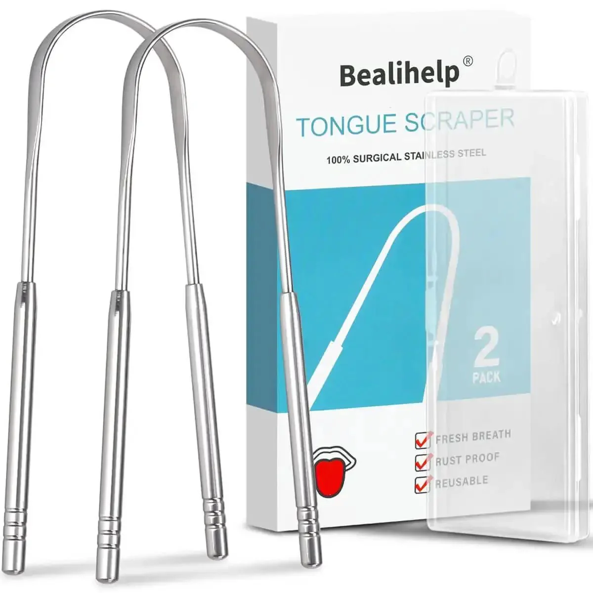 Two Pack Tongue Scrapers Made From 304 Stainless Steel For Adults And Kids, Pro Oral Care Tool To Beat Bad Breath And Keep Breath Fresh, Smooth Edges, Safe On Tongue, Easy To Clean And Reuse
