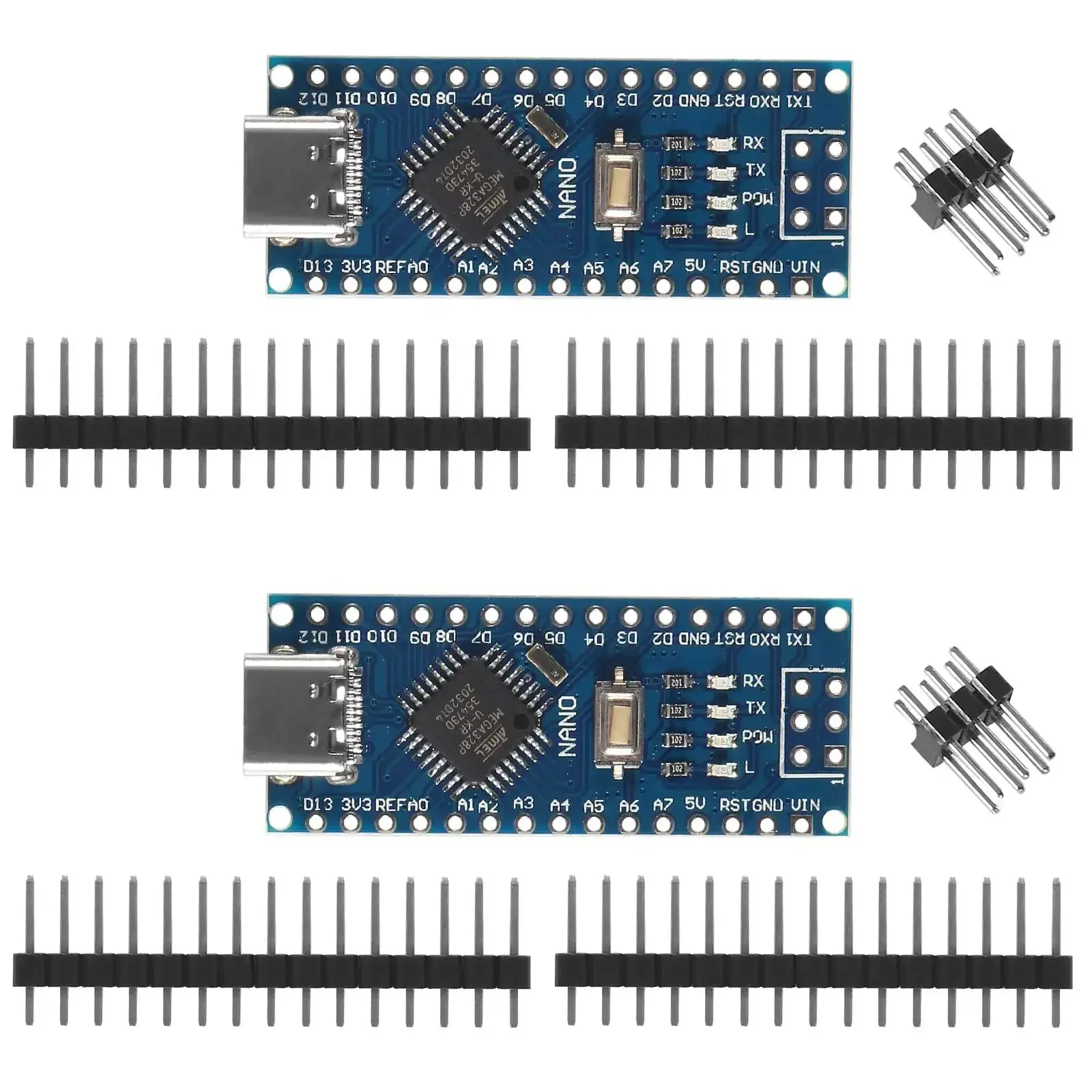 Two Pack Type C USB Nano 3.0 Board With ATmega328P CH340, 5V 16MHz, Arduino Nano Compatible, USB Driver Ready, V3.0, Auto Power Source Select, Supports 5V 12V External Power