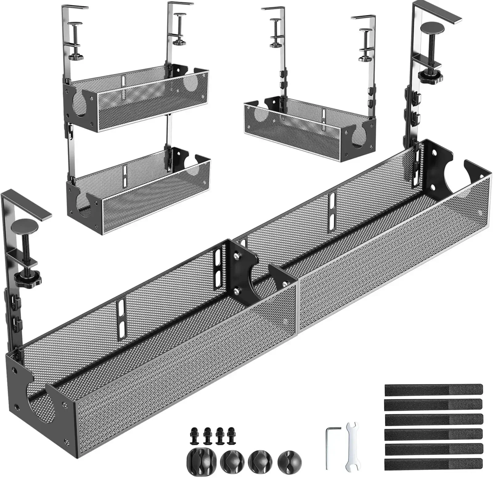 Two Pack Under Desk Cable Management Trays, Metal Wire Organizer Clamp Mount, Hassle-Free Screw-Free Installation, No Damage To Desk, Multi-Model Design That Lets You Build Longer, Wider, Or Taller Cable Paths For Any Desk Setup