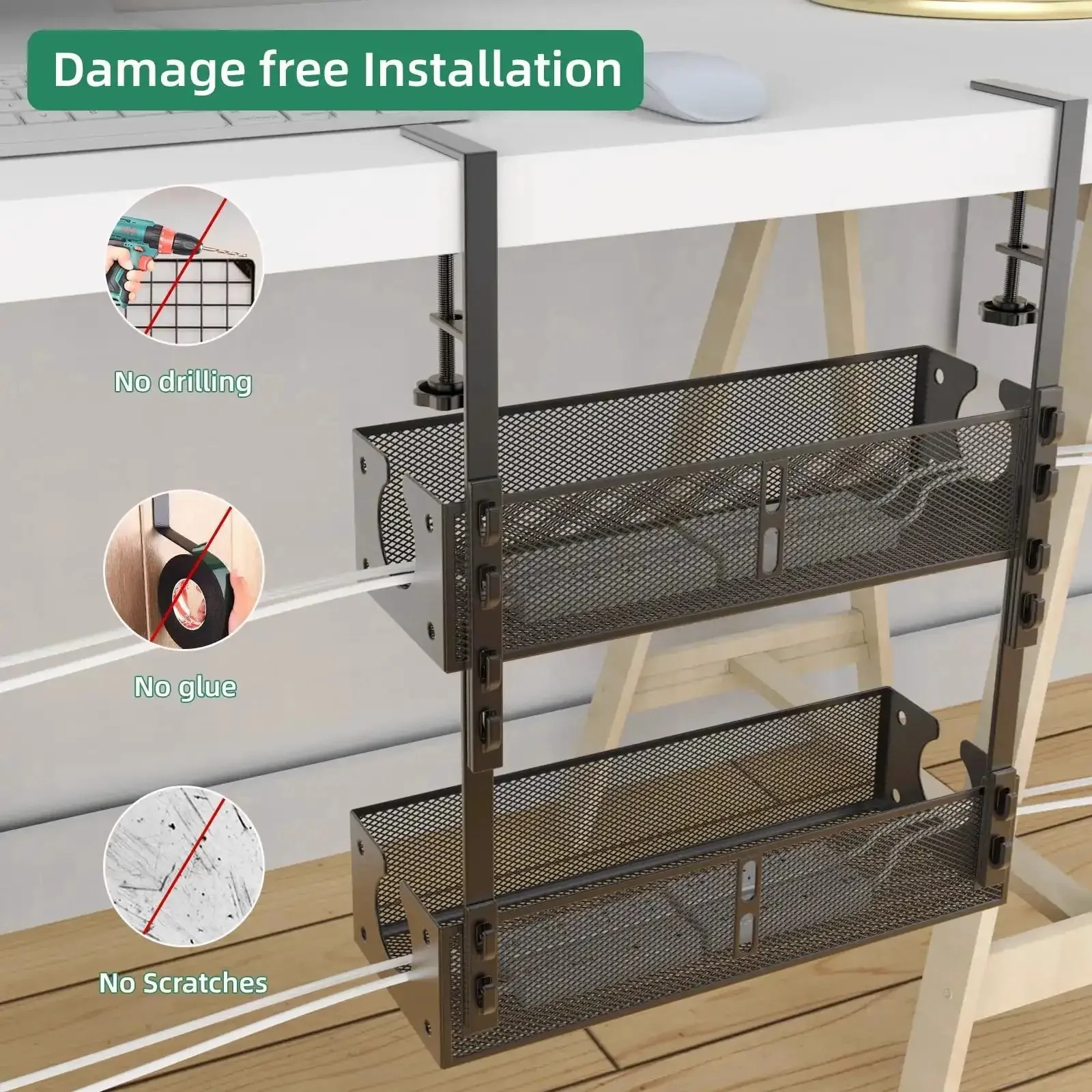 Two Pack Under Desk Cable Management Trays, Metal Wire Organizer Clamp Mount, Hassle-Free Screw-Free Installation, No Damage To Desk, Multi-Model Design That Lets You Build Longer, Wider, Or Taller Cable Paths For Any Desk Setup - Image 3