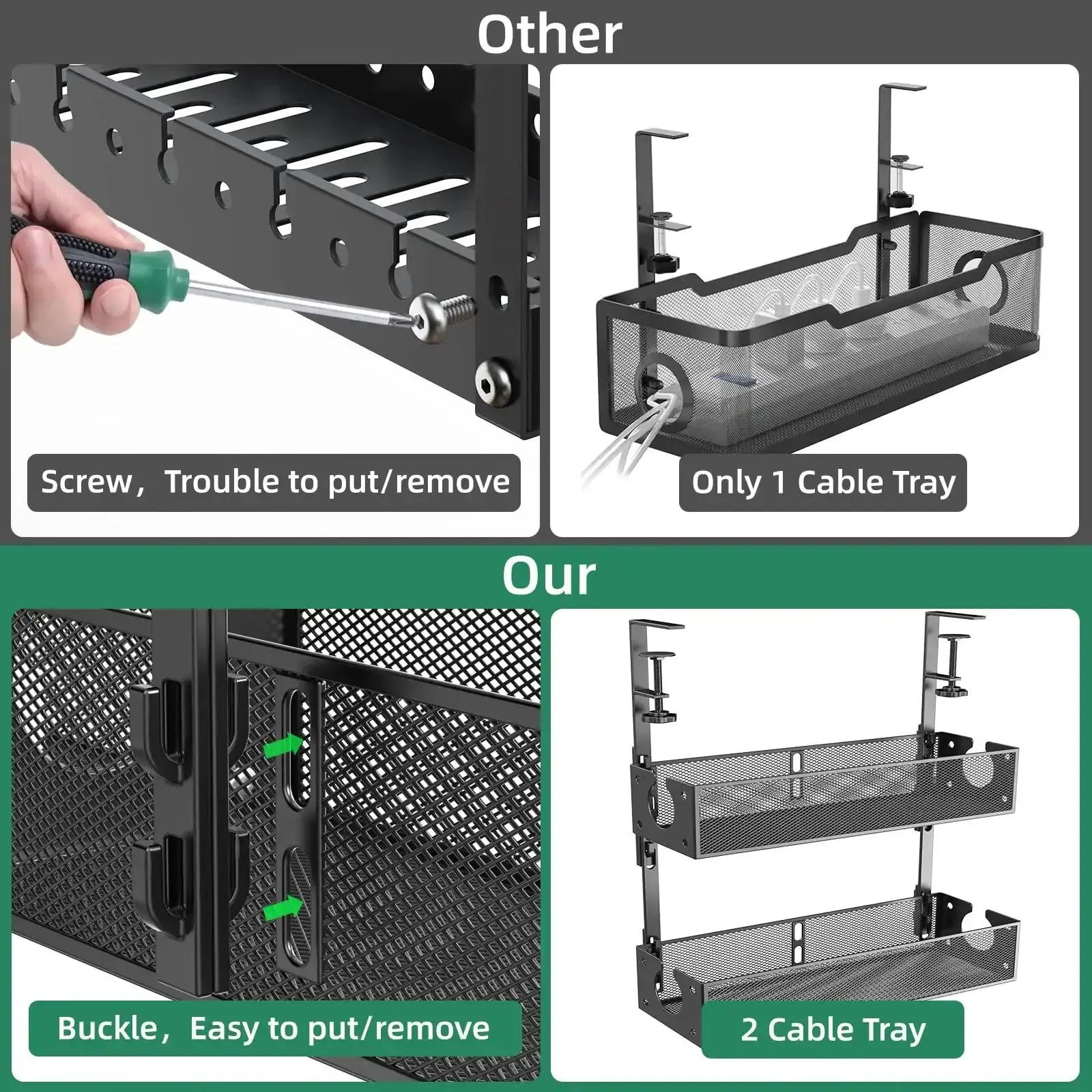 Two Pack Under Desk Cable Management Trays, Metal Wire Organizer Clamp Mount, Hassle-Free Screw-Free Installation, No Damage To Desk, Multi-Model Design That Lets You Build Longer, Wider, Or Taller Cable Paths For Any Desk Setup - Image 5