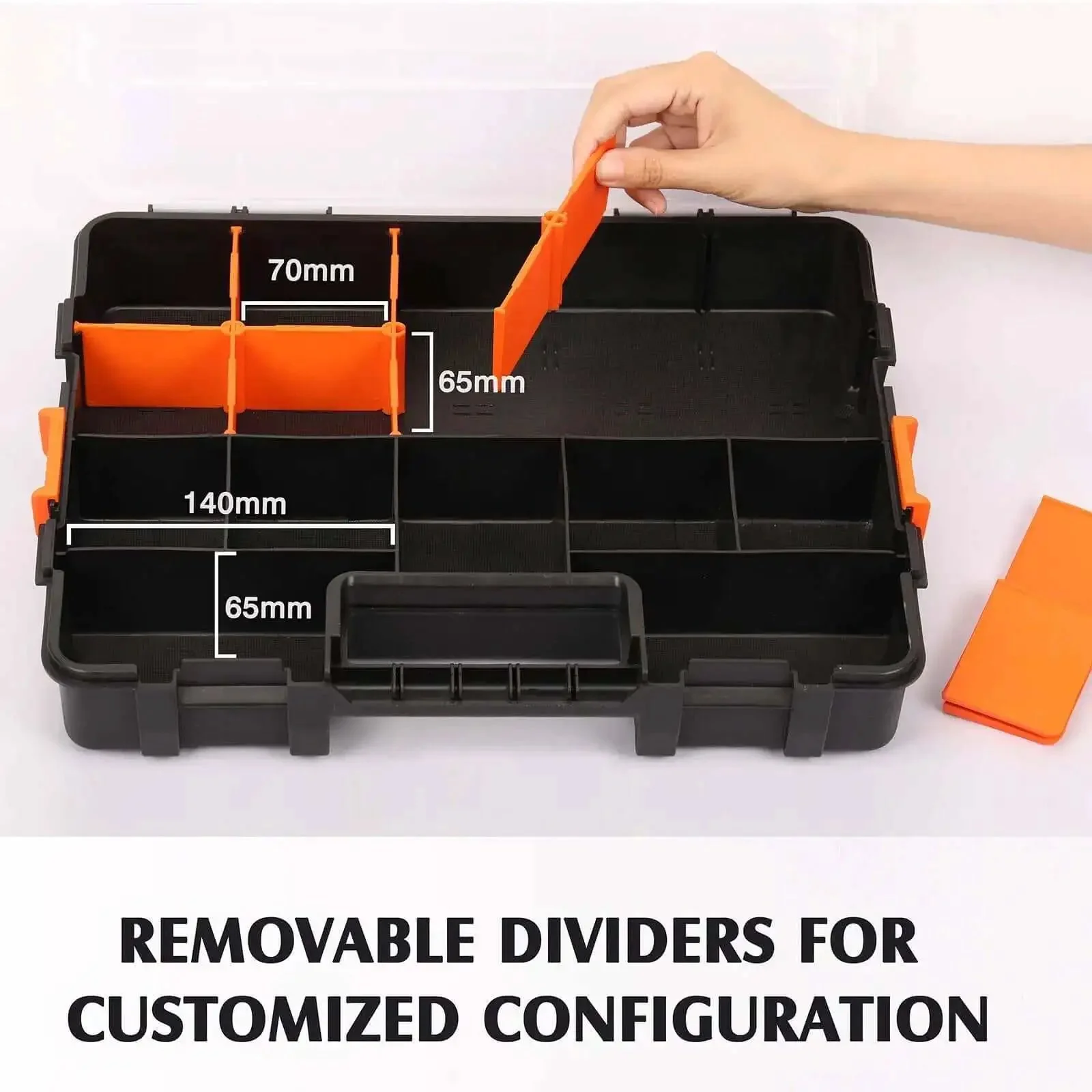 Two Piece 15 Inch Toolbox Organizer Set With 34 Compartments And 20 Removable Dividers, Durable Plastic Case In Black And Orange For Screws Nuts And Small Parts, Ideal For Garage, Workshop, DIY Projects - Image 6