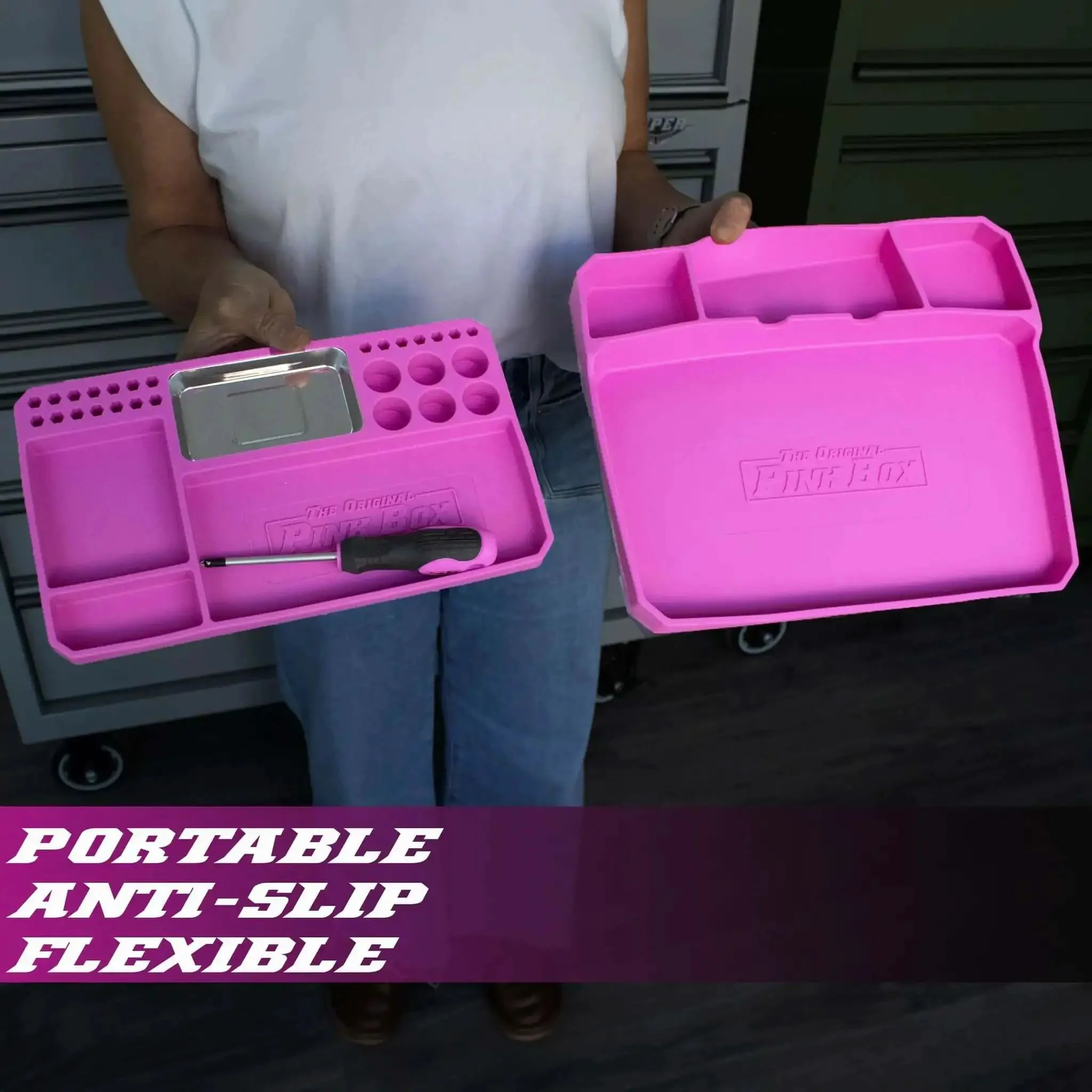 Two Piece Flexible Silicone Tool Organizer Tray Set In Pink For Safe Slip Resistant Storage Grab And Go Magnetic Tray With Divided Compartments And A Larger Tray For Bigger Tools Or Parts - Image 3