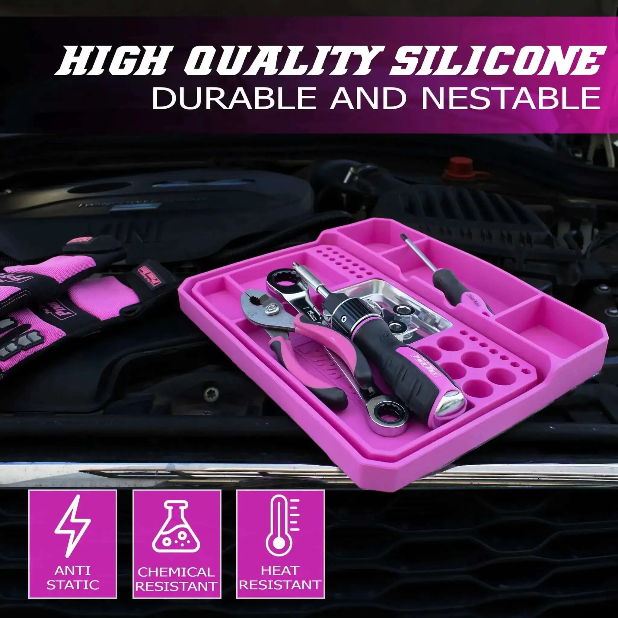 Two Piece Flexible Silicone Tool Organizer Tray Set In Pink For Safe Slip Resistant Storage Grab And Go Magnetic Tray With Divided Compartments And A Larger Tray For Bigger Tools Or Parts - Image 4