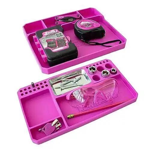 Two Piece Flexible Silicone Tool Organizer Tray Set In Pink For Safe Slip Resistant Storage Grab And Go Magnetic Tray With Divided Compartments And A Larger Tray For Bigger Tools Or Parts - Image 7