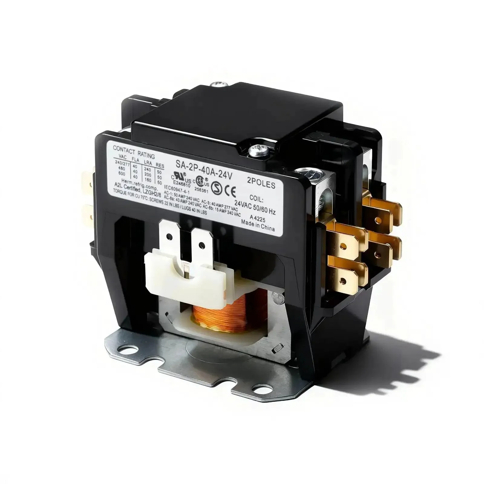 Two Pole 40 Amp AC Contactor With 24V Coil, Fully Enclosed Housing, Silver Cadmium Oxide Contacts, Ready For Compressors, Air Conditioners, And Heating Systems, Universal For Industrial And Home Use