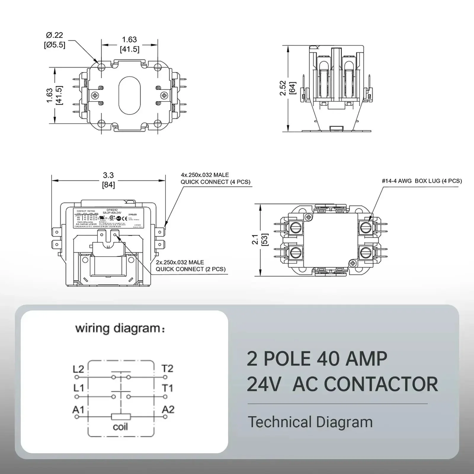 Two Pole 40 Amp AC Contactor With 24V Coil, Fully Enclosed Housing, Silver Cadmium Oxide Contacts, Ready For Compressors, Air Conditioners, And Heating Systems, Universal For Industrial And Home Use - Image 4