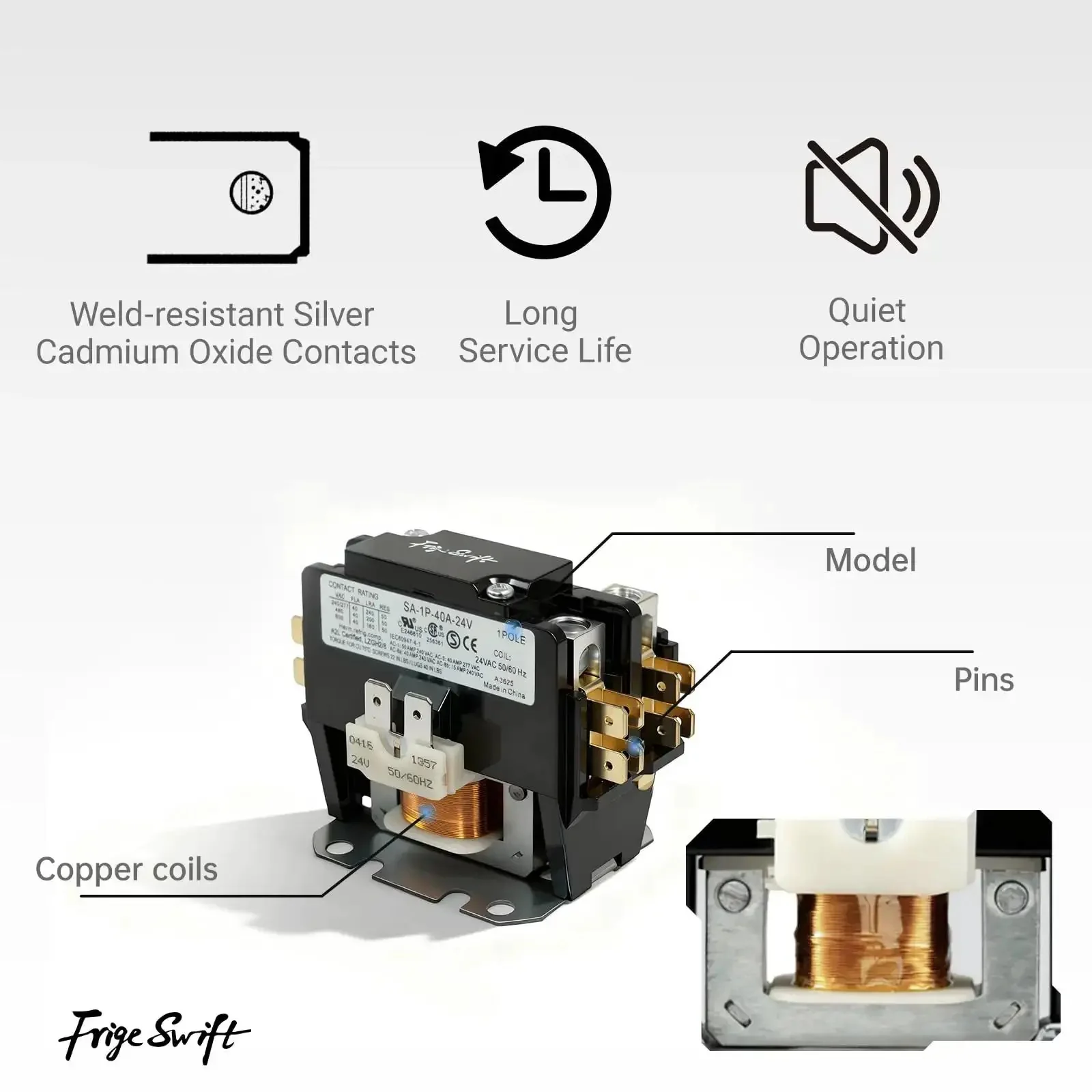 Two Pole 40 Amp AC Contactor With 24V Coil, Fully Enclosed Housing, Silver Cadmium Oxide Contacts, Ready For Compressors, Air Conditioners, And Heating Systems, Universal For Industrial And Home Use - Image 5