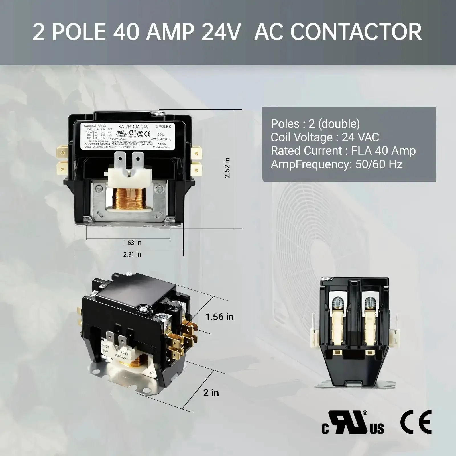 Two Pole 40 Amp AC Contactor With 24V Coil, Fully Enclosed Housing, Silver Cadmium Oxide Contacts, Ready For Compressors, Air Conditioners, And Heating Systems, Universal For Industrial And Home Use - Image 6