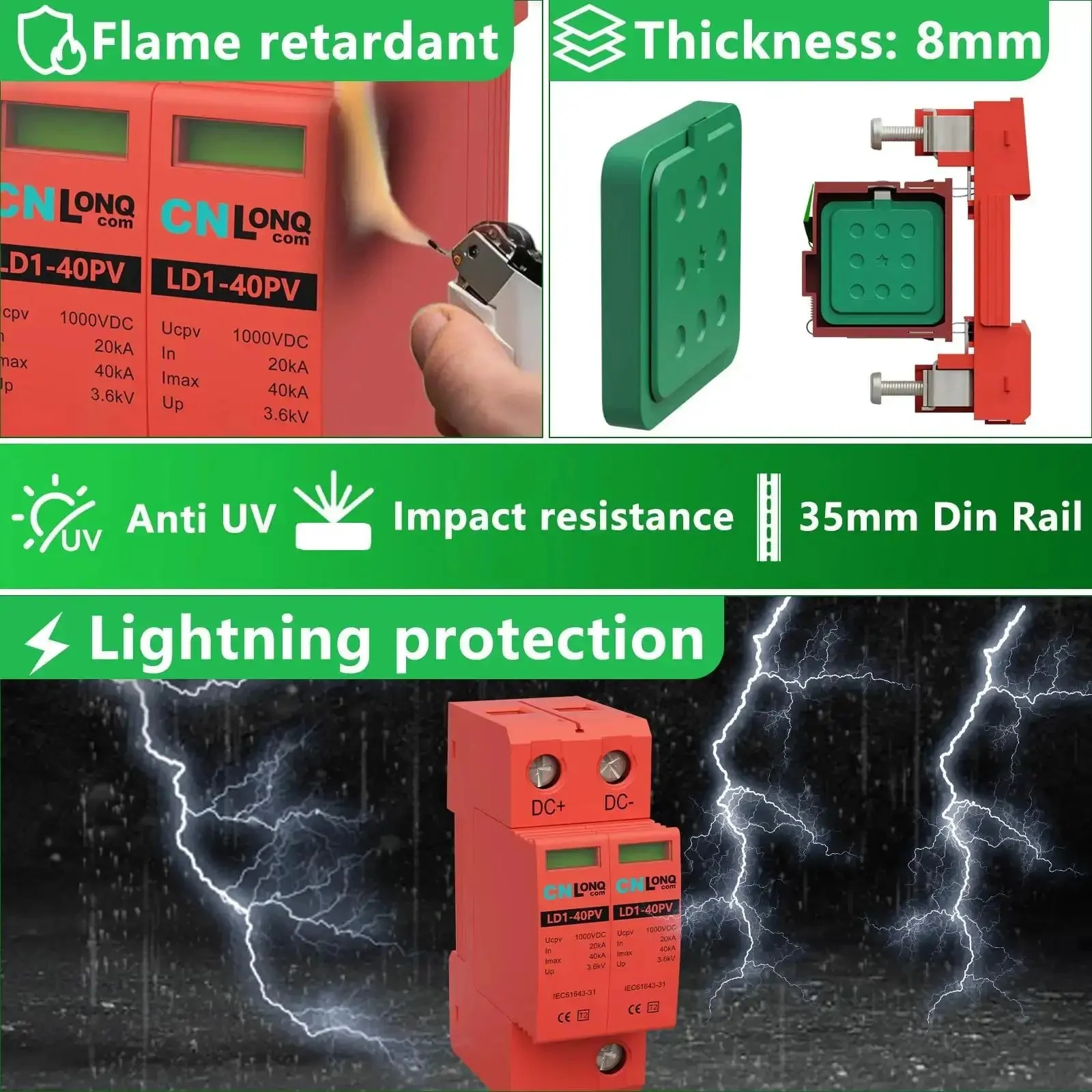 Two Pole 40KA DC Surge Protector For Solar PV And Home Lightning Protection Heavy Duty 1000V Rating 2P Arrester With 35mm DIN Rail Mount Copper Components Fast Acting Shield For RVs Home Electronics And Appliances - Image 8