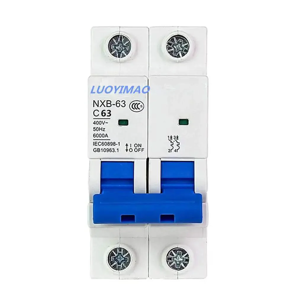 Two Pole 63A 400V Low Voltage Miniature Circuit Breaker For DIN Rail Mount NXB63A C63 C63A Panel Protector For Home, Workshop And Industrial Electrical Systems