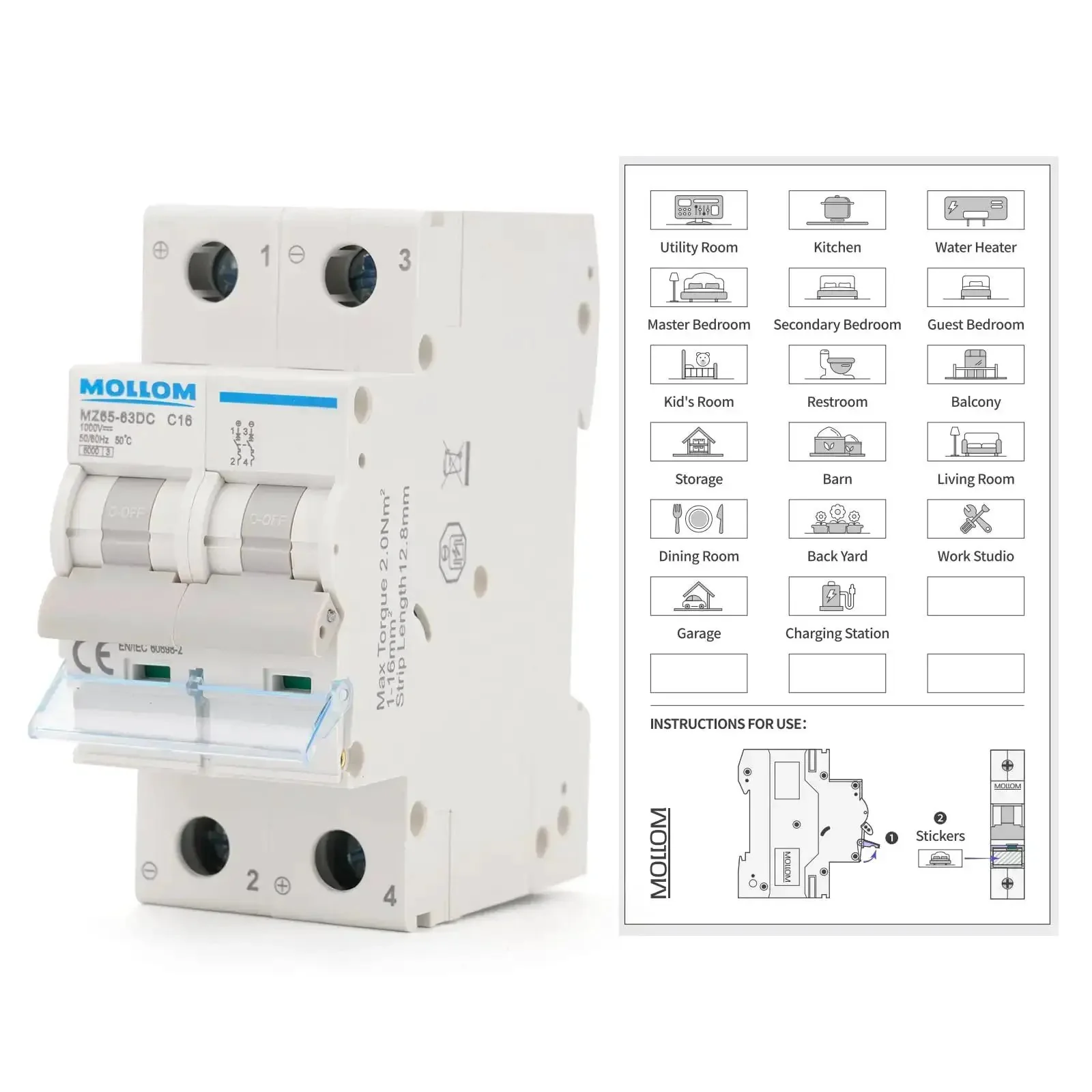 Two Pole DC Miniature Circuit Breaker 1000V 16A C16 With Thermal Magnetic Trip 6KA Breaking Capacity For Solar PV System Fast Acting DC Disconnect Switch