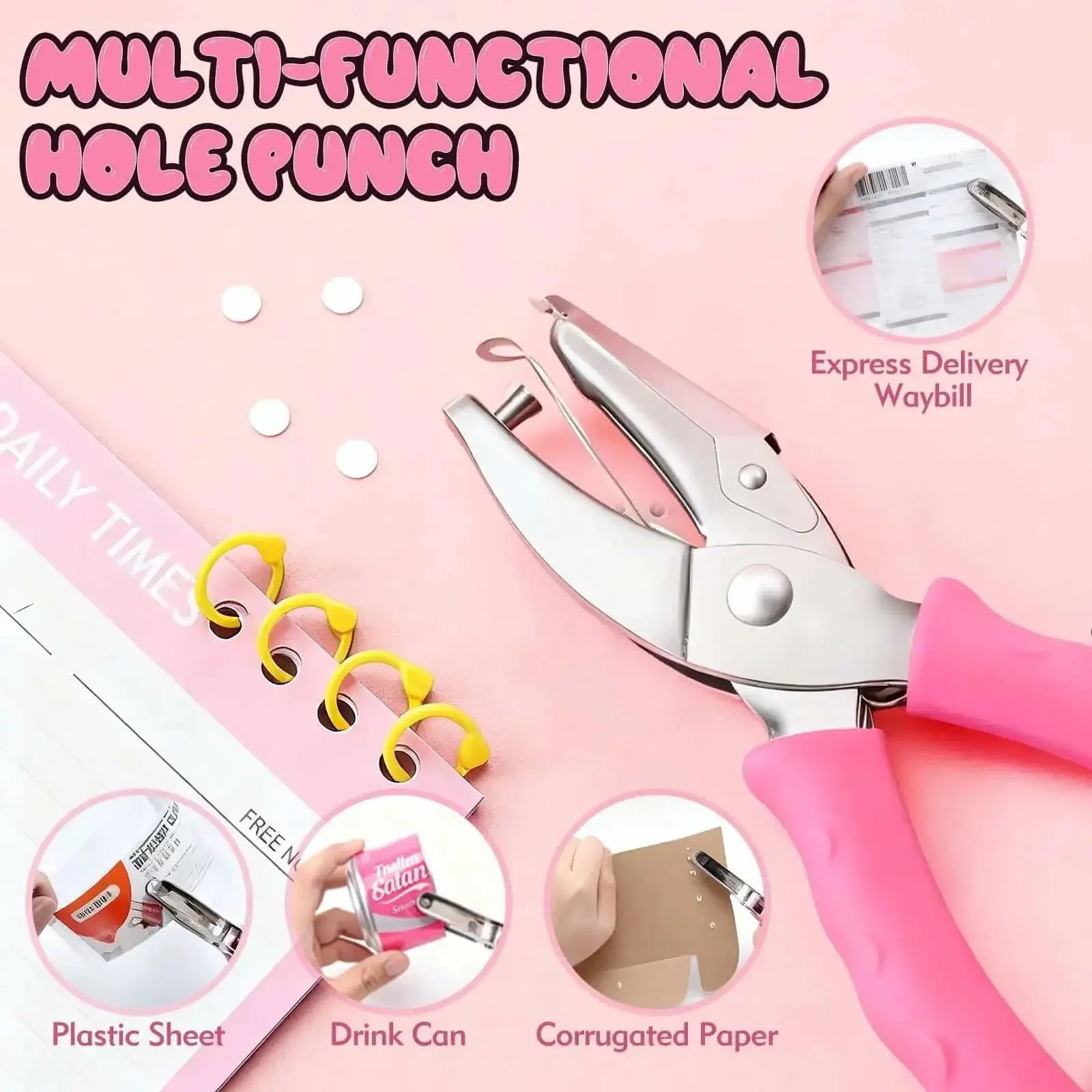 Two Size Single Hole Punch Set With One Quarter Inch And One Eighth Inch, Handy Pink Soft Grip Handheld Paper Punch For Home Office And Classroom, Circle Small Hole Punch For Crafts Scrapbooks Tags Tickets - Image 3