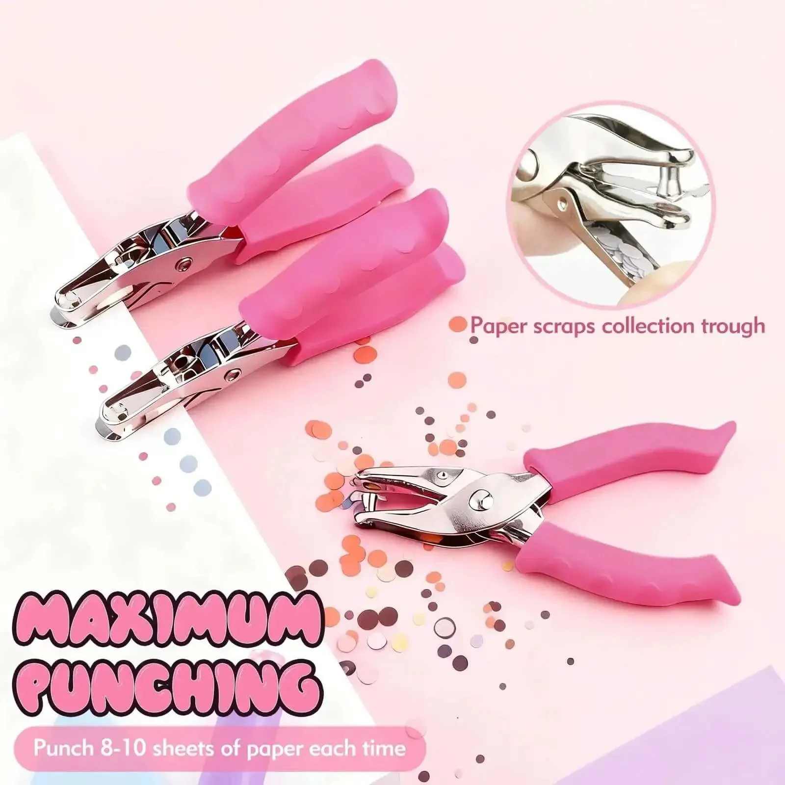 Two Size Single Hole Punch Set With One Quarter Inch And One Eighth Inch, Handy Pink Soft Grip Handheld Paper Punch For Home Office And Classroom, Circle Small Hole Punch For Crafts Scrapbooks Tags Tickets - Image 6