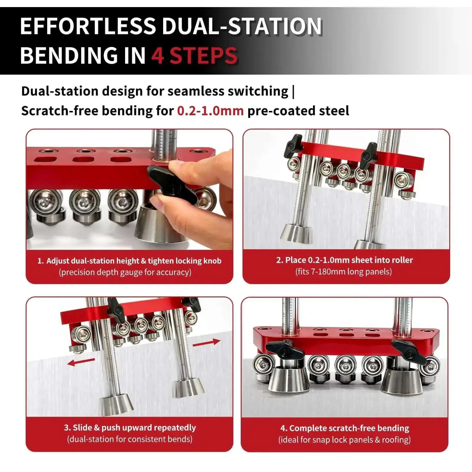 Two-Station Sheet Metal Bender With Scratch-Free Finishes And 0-100 Degree Precision, 7 Inch Roller, Pro-Grade Metal Roofing Tool For Snap Lock Panels, Fits 0.2-1.0 mm Thick And 7-180 mm Long Sheets, Lightweight And Portable - Image 2