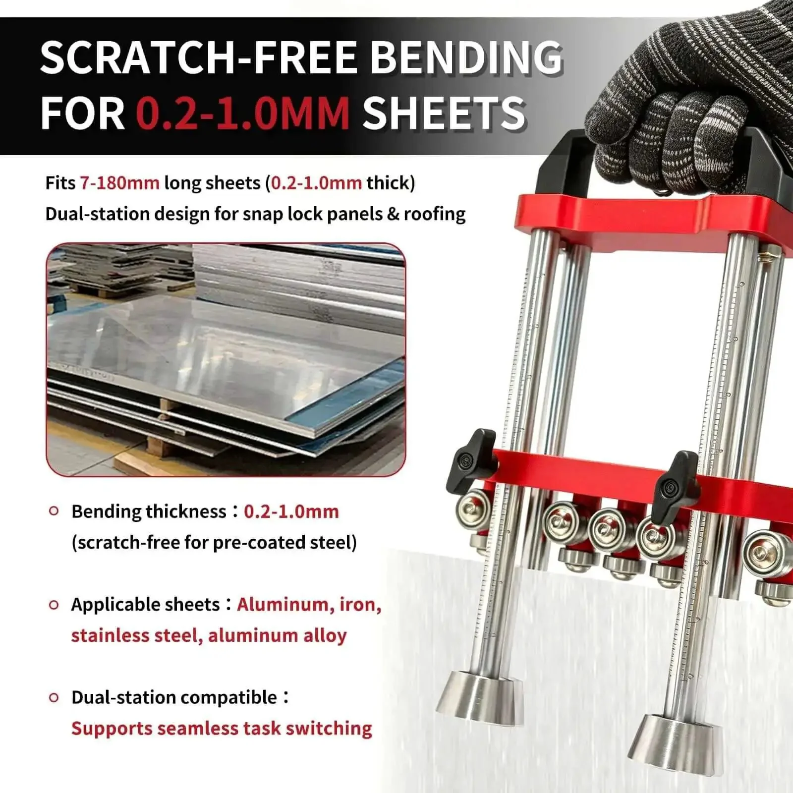 Two-Station Sheet Metal Bender With Scratch-Free Finishes And 0-100 Degree Precision, 7 Inch Roller, Pro-Grade Metal Roofing Tool For Snap Lock Panels, Fits 0.2-1.0 mm Thick And 7-180 mm Long Sheets, Lightweight And Portable - Image 3