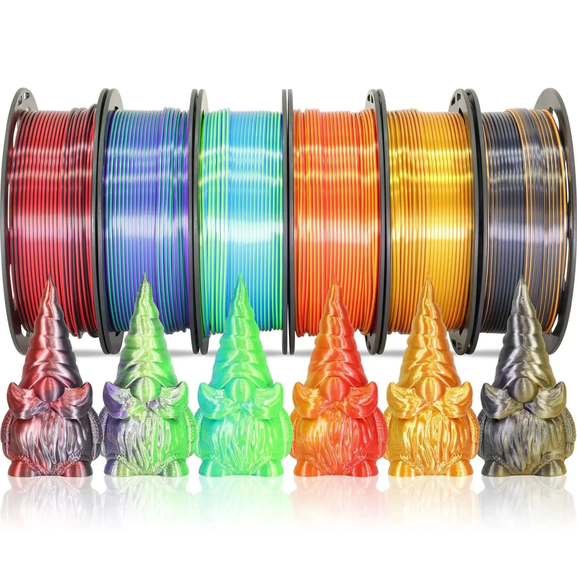 Two Tone Silk PLA Filament Bundle 1.75mm 250g Each Six Spools Coextruded Metallic Silk Finish For 3D Printing Includes Black Red Purple Green Blue Green Red Gold Gold Copper Black Orange