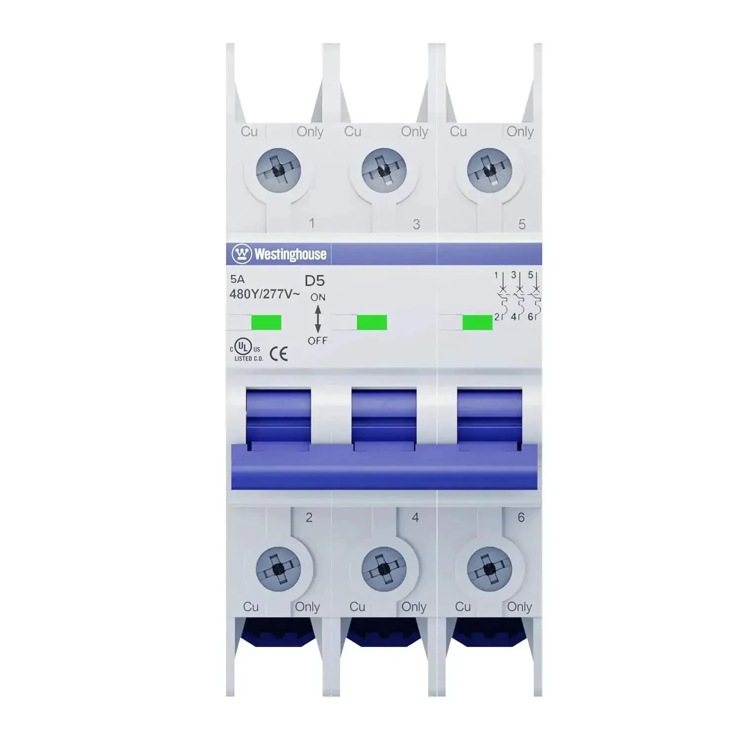 UL 489 AC Miniature Circuit Breaker 5 Amp 3 Pole D Curve 480Y 277V AC 10kA SCCR Thermal Magnetic Trip DIN Rail White WMBB3D05-1 No Fuss Panel Duty Easy DIN Rail Install Reliable Circuit Protection For Home Or Small Business - Image 2