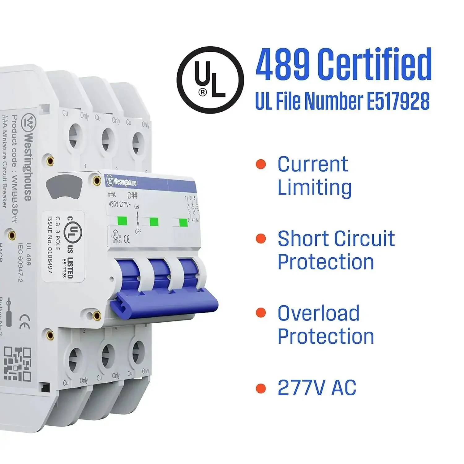 UL 489 AC Miniature Circuit Breaker 5 Amp 3 Pole D Curve 480Y 277V AC 10kA SCCR Thermal Magnetic Trip DIN Rail White WMBB3D05-1 No Fuss Panel Duty Easy DIN Rail Install Reliable Circuit Protection For Home Or Small Business - Image 7
