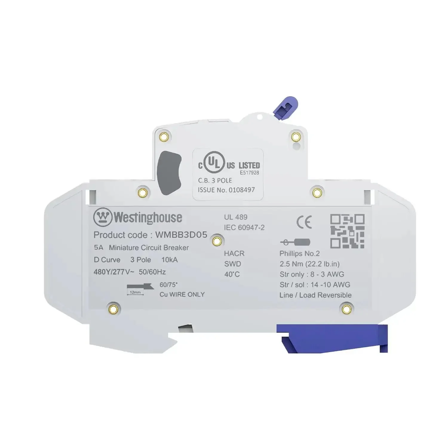 UL 489 AC Miniature Circuit Breaker 5 Amp 3 Pole D Curve 480Y 277V AC 10kA SCCR Thermal Magnetic Trip DIN Rail White WMBB3D05-1 No Fuss Panel Duty Easy DIN Rail Install Reliable Circuit Protection For Home Or Small Business - Image 9