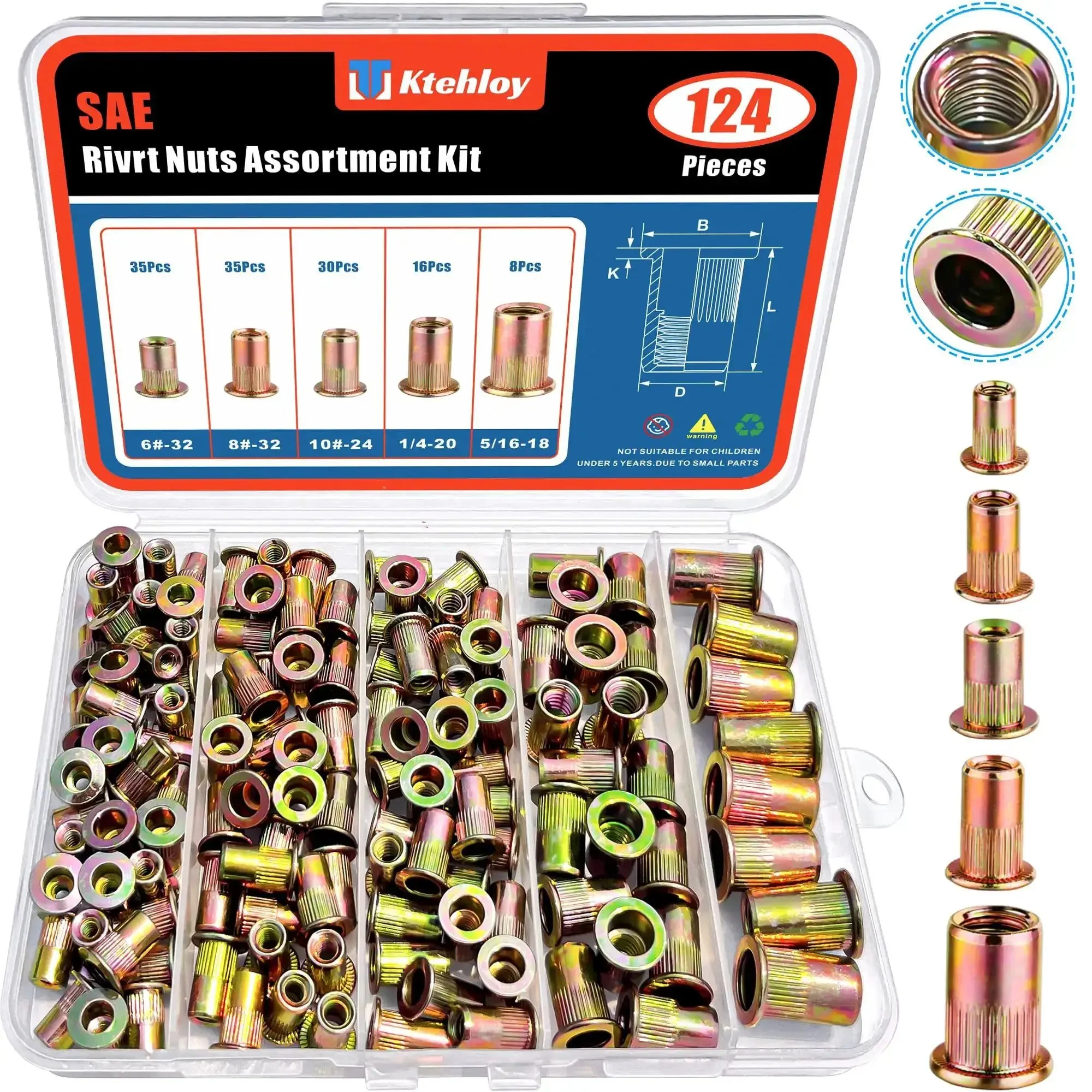 Ultimate 124-Piece SAE UNC Rivet Nut Assortment Kit: Zinc Plated Carbon Steel Threaded Inserts and Nutserts in Sizes 6-32, 8-32, 10-24, 1/4-20, and 5/16-18 for Killer DIY Fixes and Heavy-Duty Projects, Grab Yours for Rock-Solid Fastenings