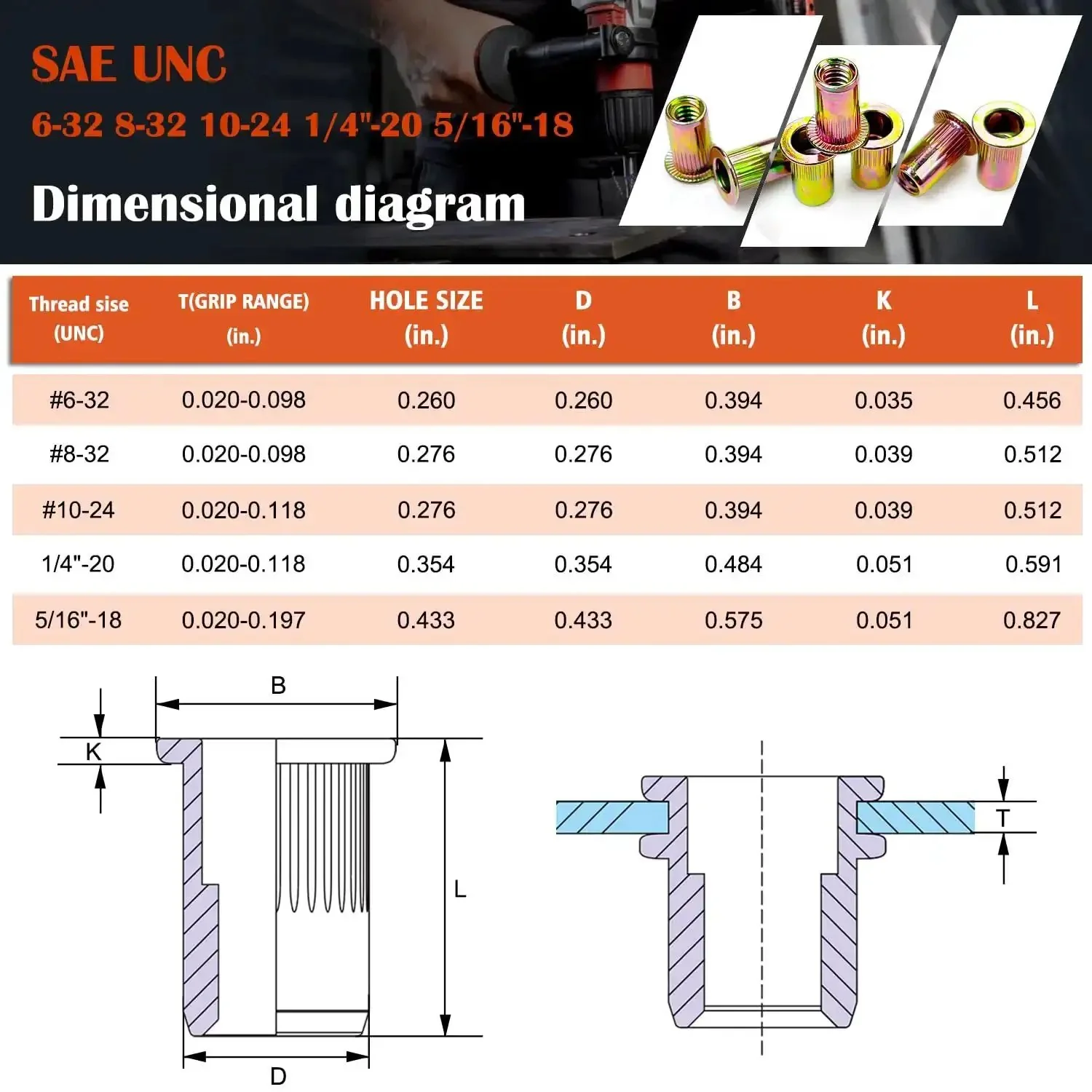 Ultimate 124-Piece SAE UNC Rivet Nut Assortment Kit: Zinc Plated Carbon Steel Threaded Inserts and Nutserts in Sizes 6-32, 8-32, 10-24, 1/4-20, and 5/16-18 for Killer DIY Fixes and Heavy-Duty Projects, Grab Yours for Rock-Solid Fastenings - Image 6