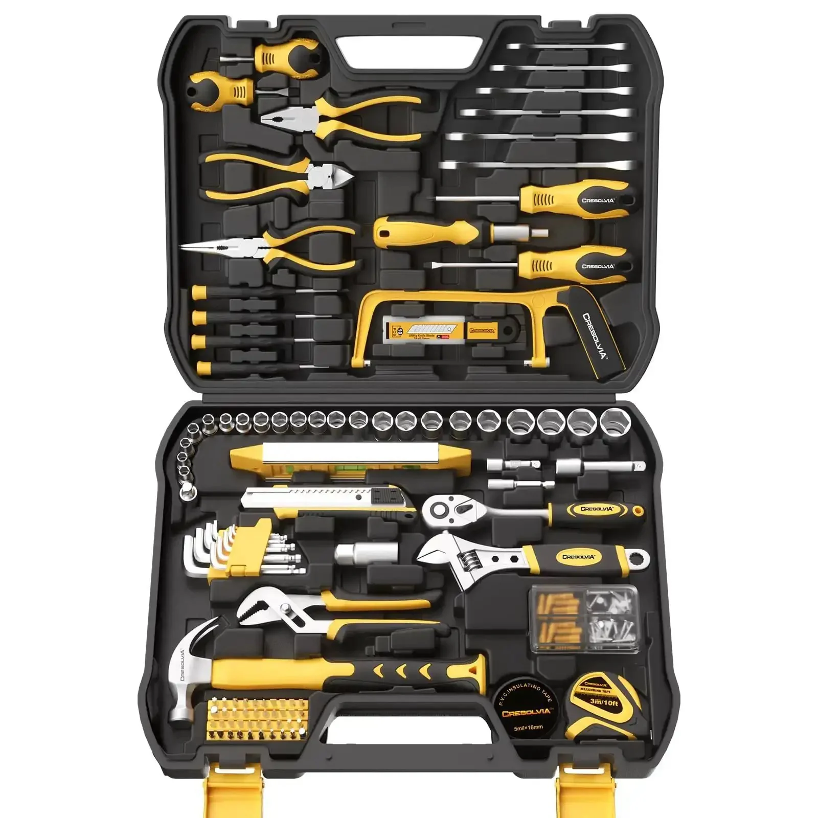 Ultimate 199 Piece Home And Auto Tool Kit Set For DIYers Homeowners And Handymen With Screwdrivers Pliers Wrenches Sockets Bits Hex Keys Saws Levels And Tool Box Case