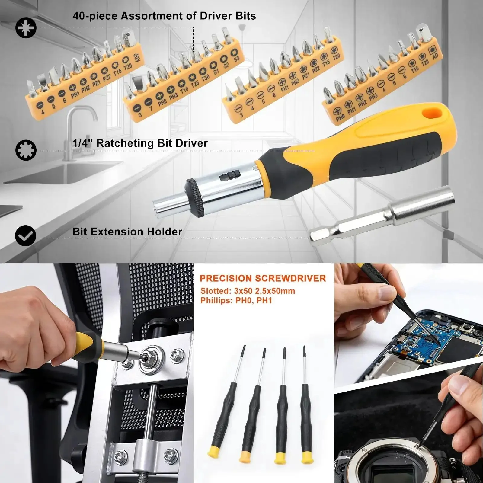 Ultimate 199 Piece Home And Auto Tool Kit Set For DIYers Homeowners And Handymen With Screwdrivers Pliers Wrenches Sockets Bits Hex Keys Saws Levels And Tool Box Case - Image 3