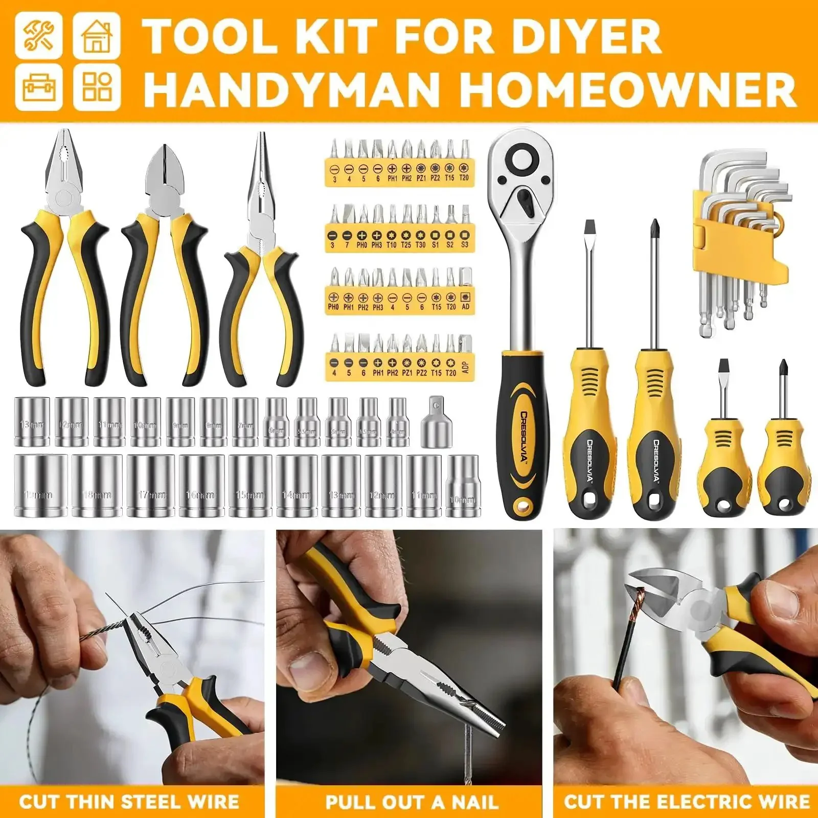 Ultimate 199 Piece Home And Auto Tool Kit Set For DIYers Homeowners And Handymen With Screwdrivers Pliers Wrenches Sockets Bits Hex Keys Saws Levels And Tool Box Case - Image 6