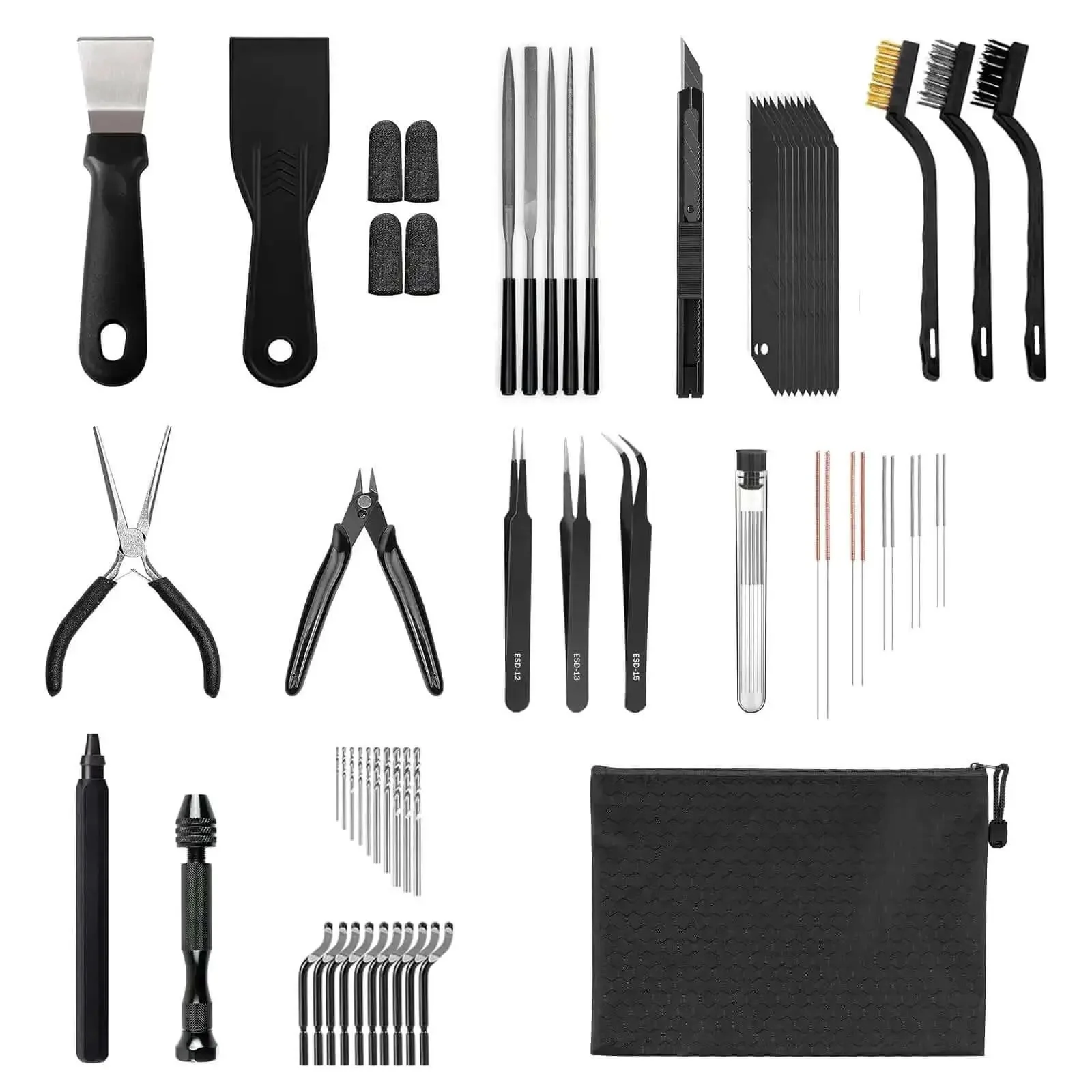 Ultimate All In One 63 Piece 3D Printing Tool Kit With Deburring Blades Nozzle Cleaners Metal Files Brushes Hand Drill Wire Cutters Tweezers Cleaning Needles And More For Quick Precise Post Processing