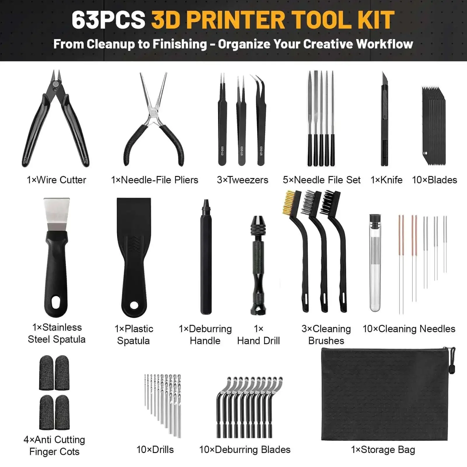 Ultimate All In One 63 Piece 3D Printing Tool Kit With Deburring Blades Nozzle Cleaners Metal Files Brushes Hand Drill Wire Cutters Tweezers Cleaning Needles And More For Quick Precise Post Processing - Image 9